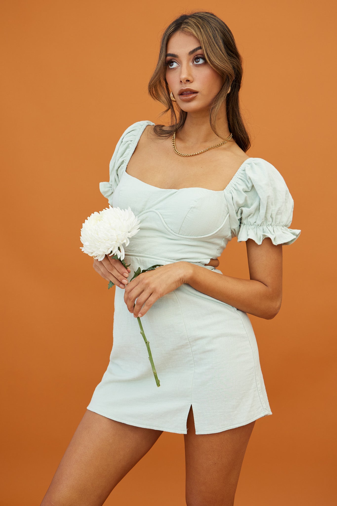Norma Jean Puff Sleeve Piping Trim Mini Dress Sage-Maymioy