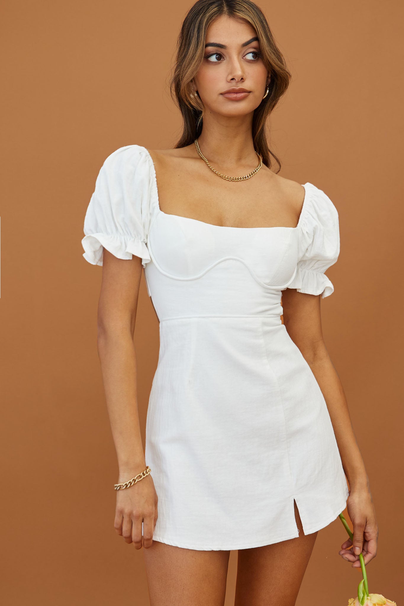 Norma Jean Puff Sleeve Piping Trim Mini Dress White-Maymioy