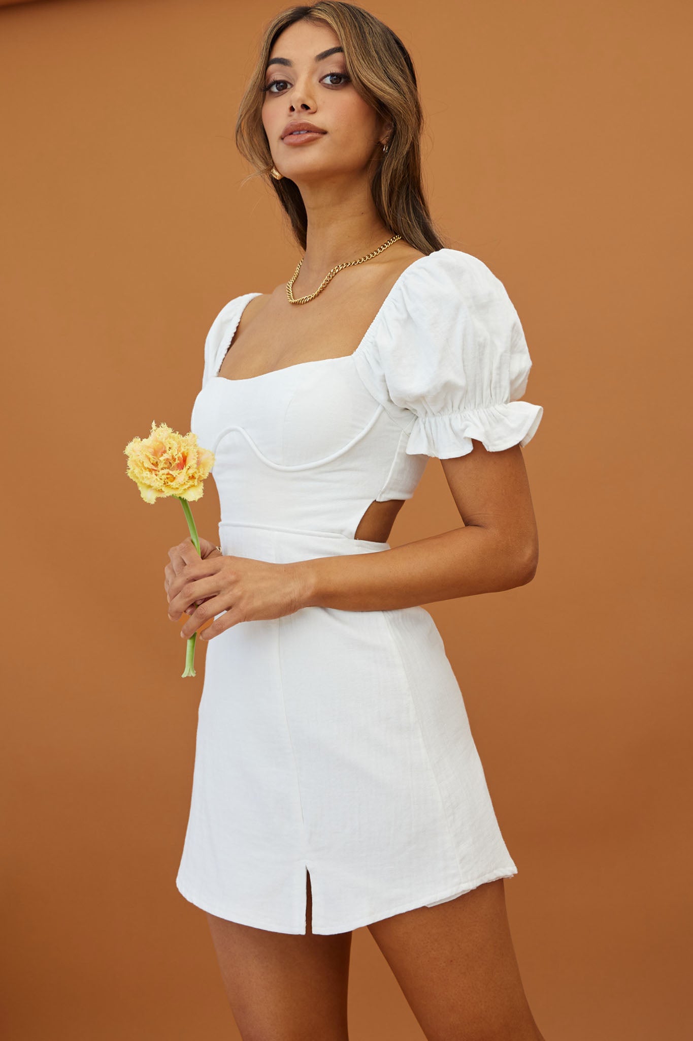 Norma Jean Puff Sleeve Piping Trim Mini Dress White-Maymioy