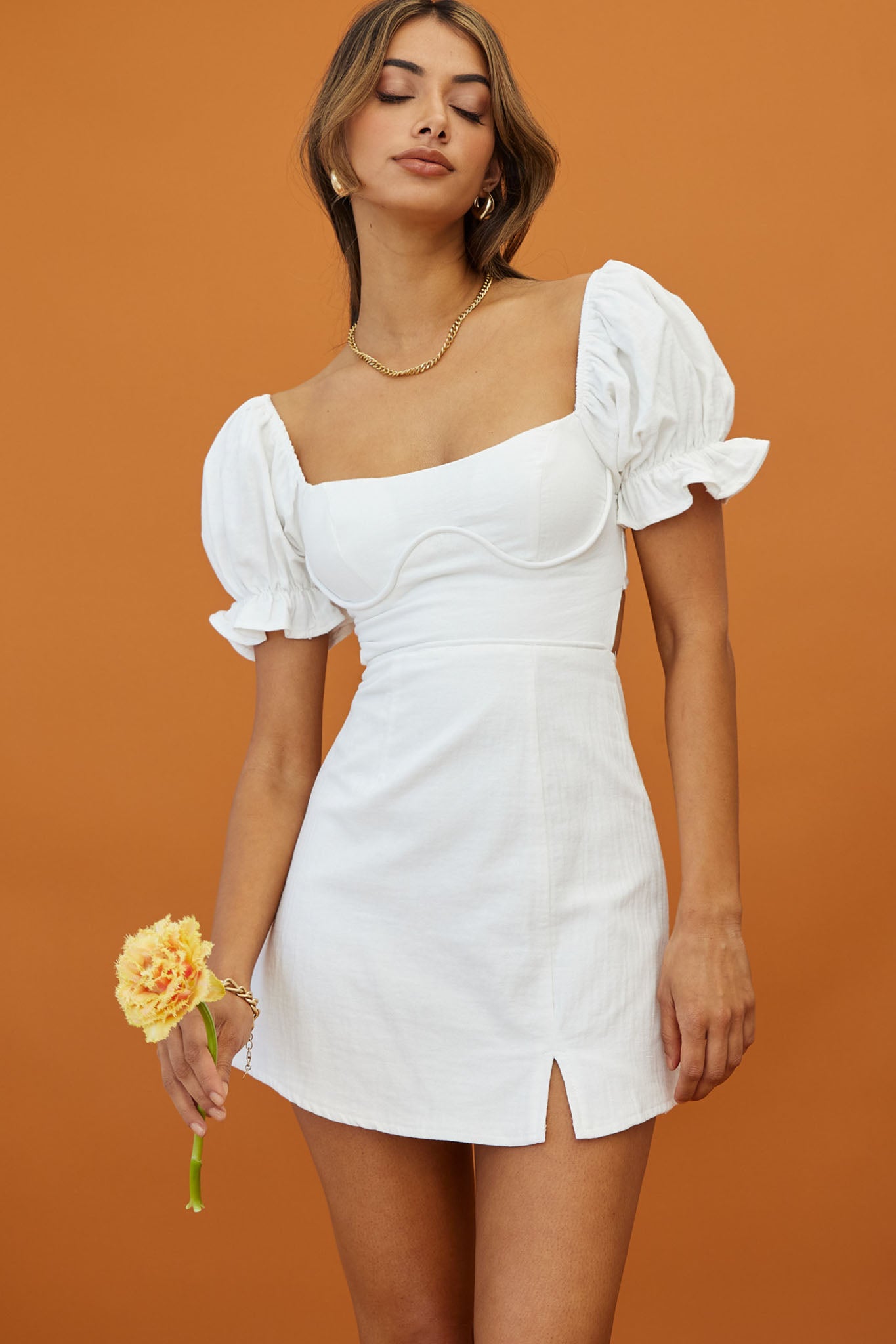 Norma Jean Puff Sleeve Piping Trim Mini Dress White-Maymioy
