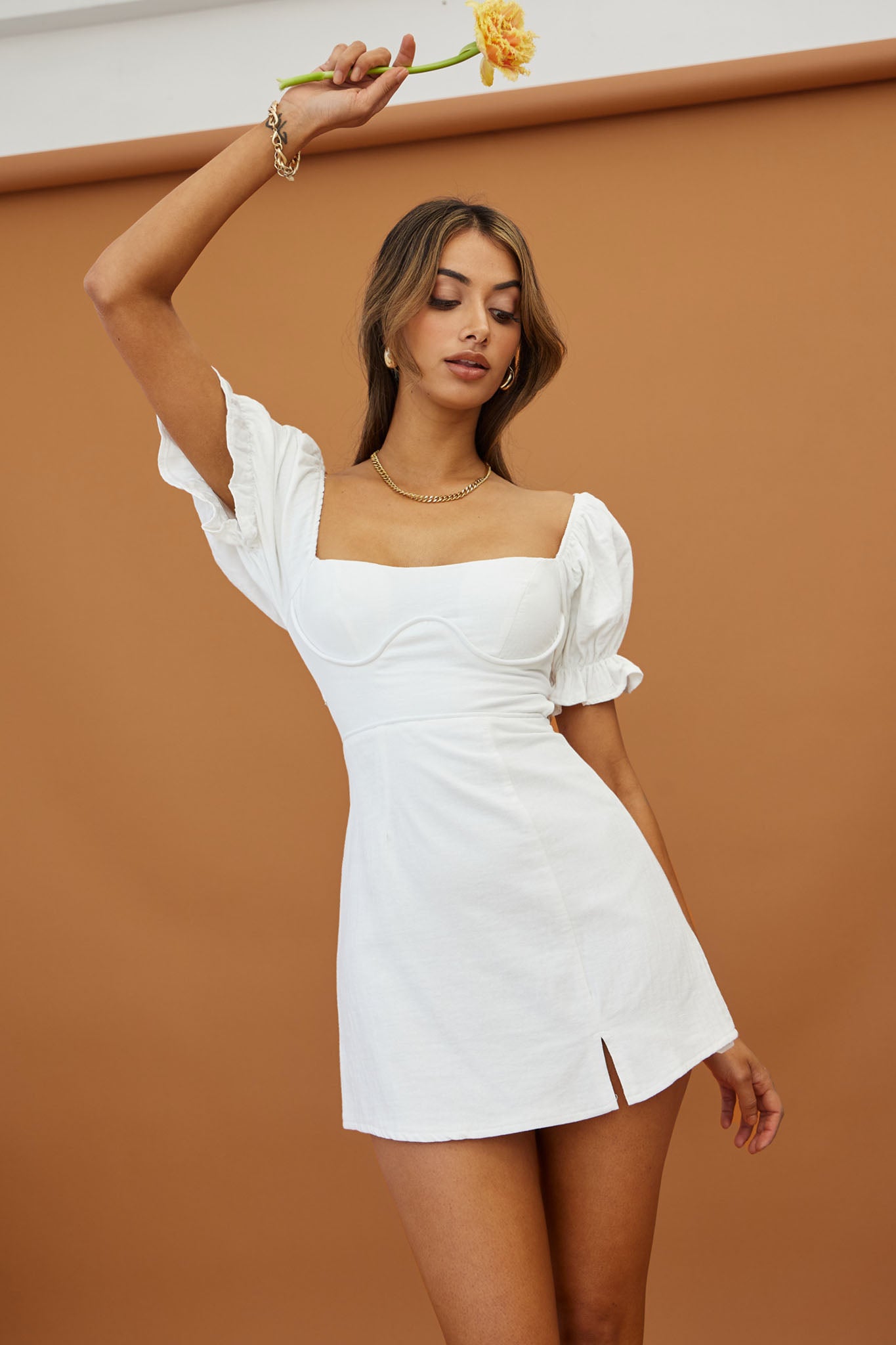 Norma Jean Puff Sleeve Piping Trim Mini Dress White-Maymioy