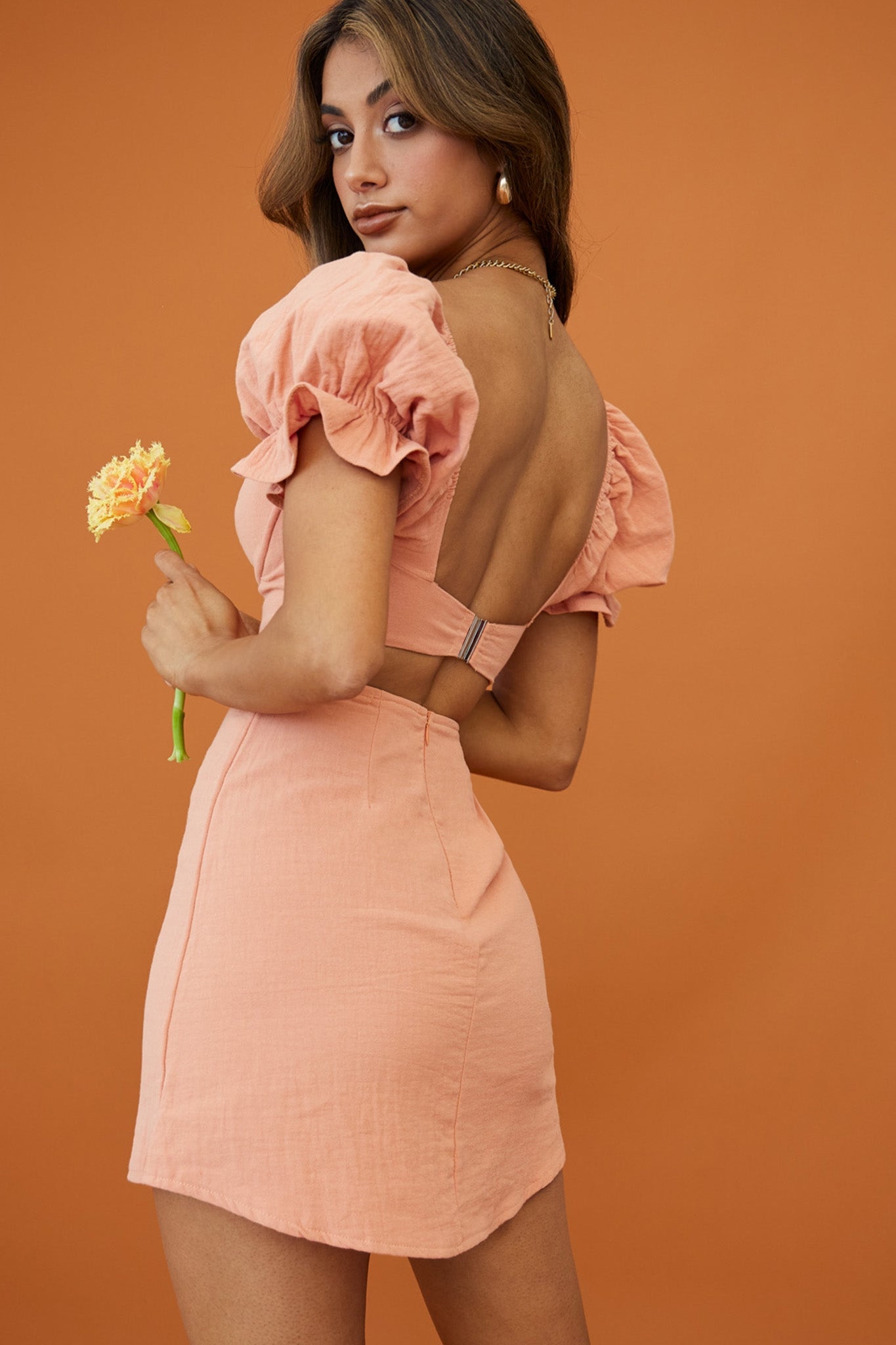 Norma Jean Puff Sleeve Piping Trim Mini Dress Apricot-Maymioy