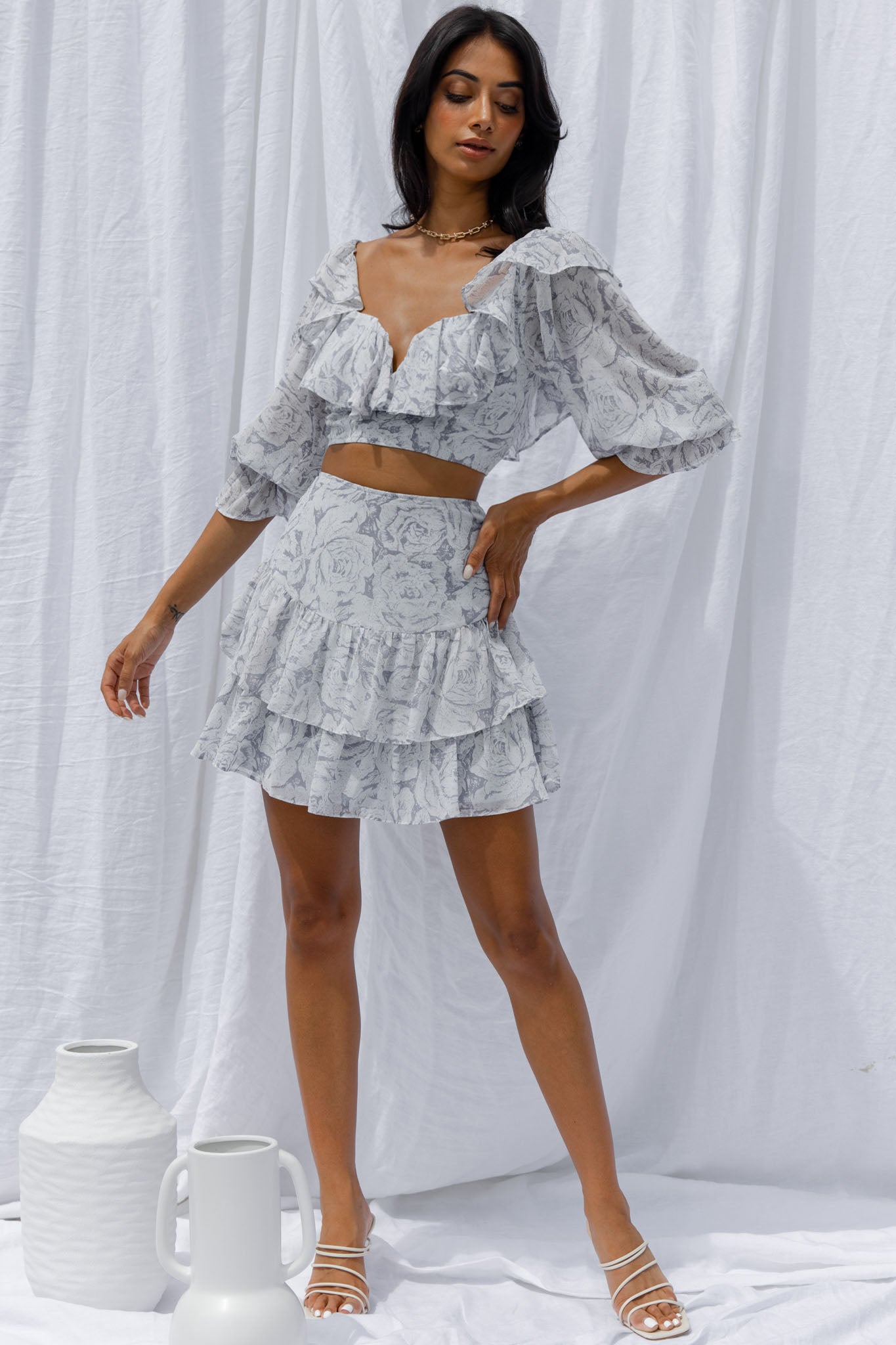 Kiss And Tell Double Layered Flounce Hem Skirt Rose Print Ink-Maymioy
