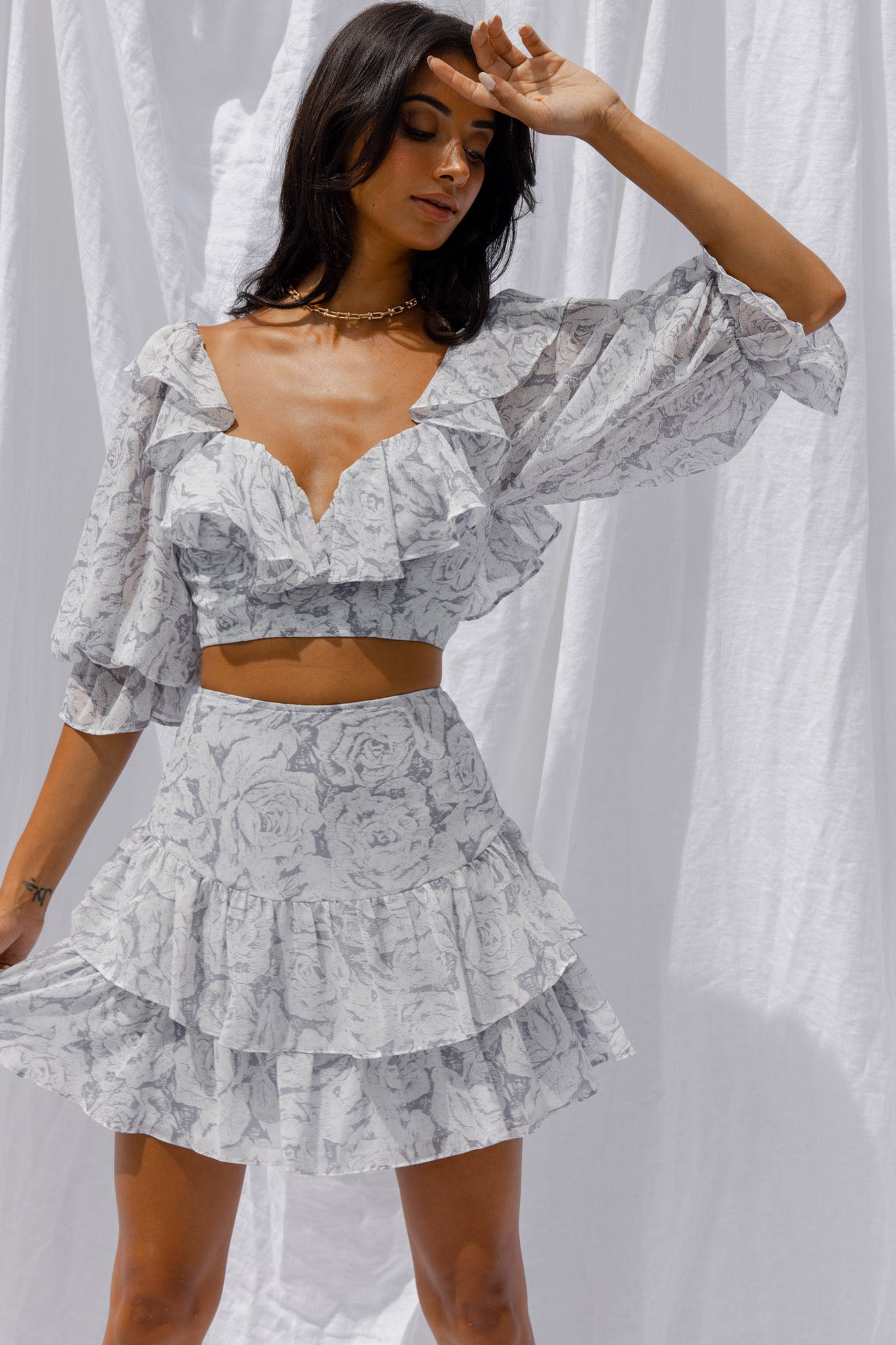 Kiss And Tell Double Layered Flounce Hem Skirt Rose Print Ink-Maymioy