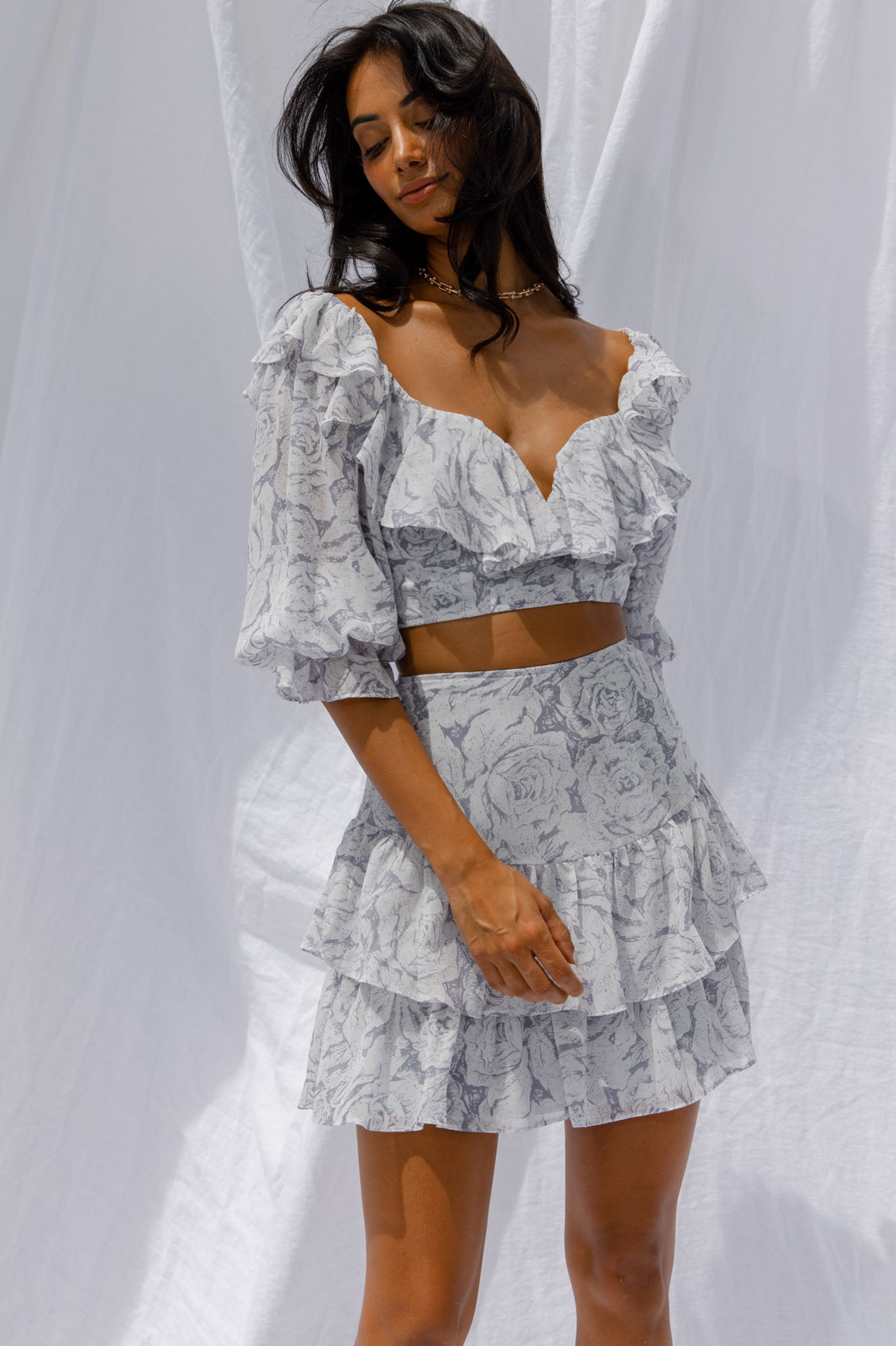 Kiss And Tell Double Layered Flounce Hem Skirt Rose Print Ink-Maymioy