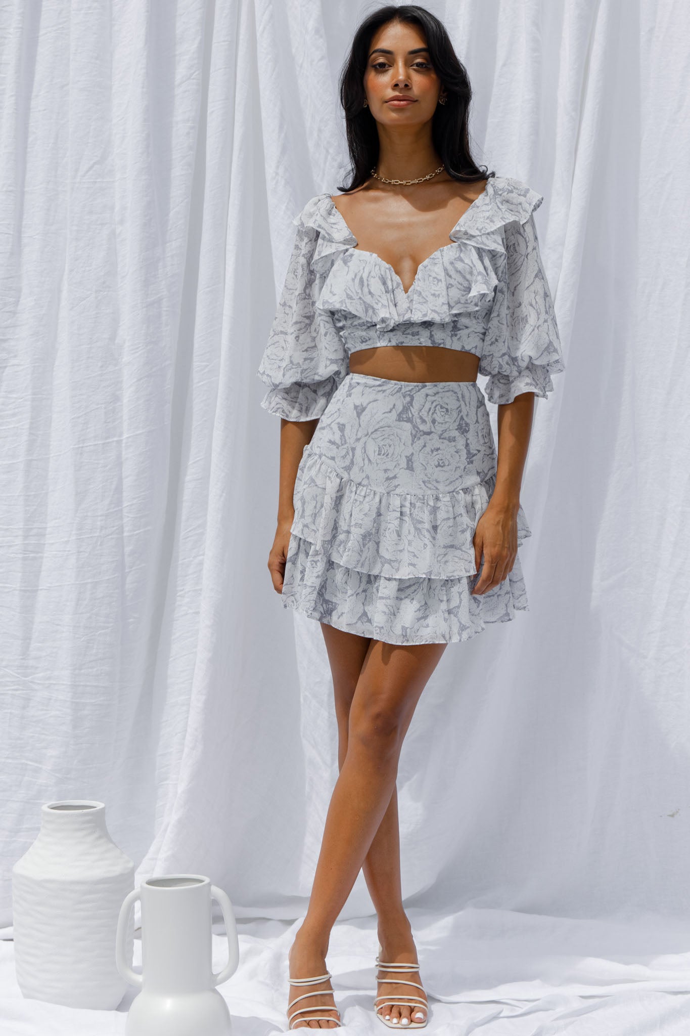 Kiss And Tell Double Layered Flounce Hem Skirt Rose Print Ink-Maymioy