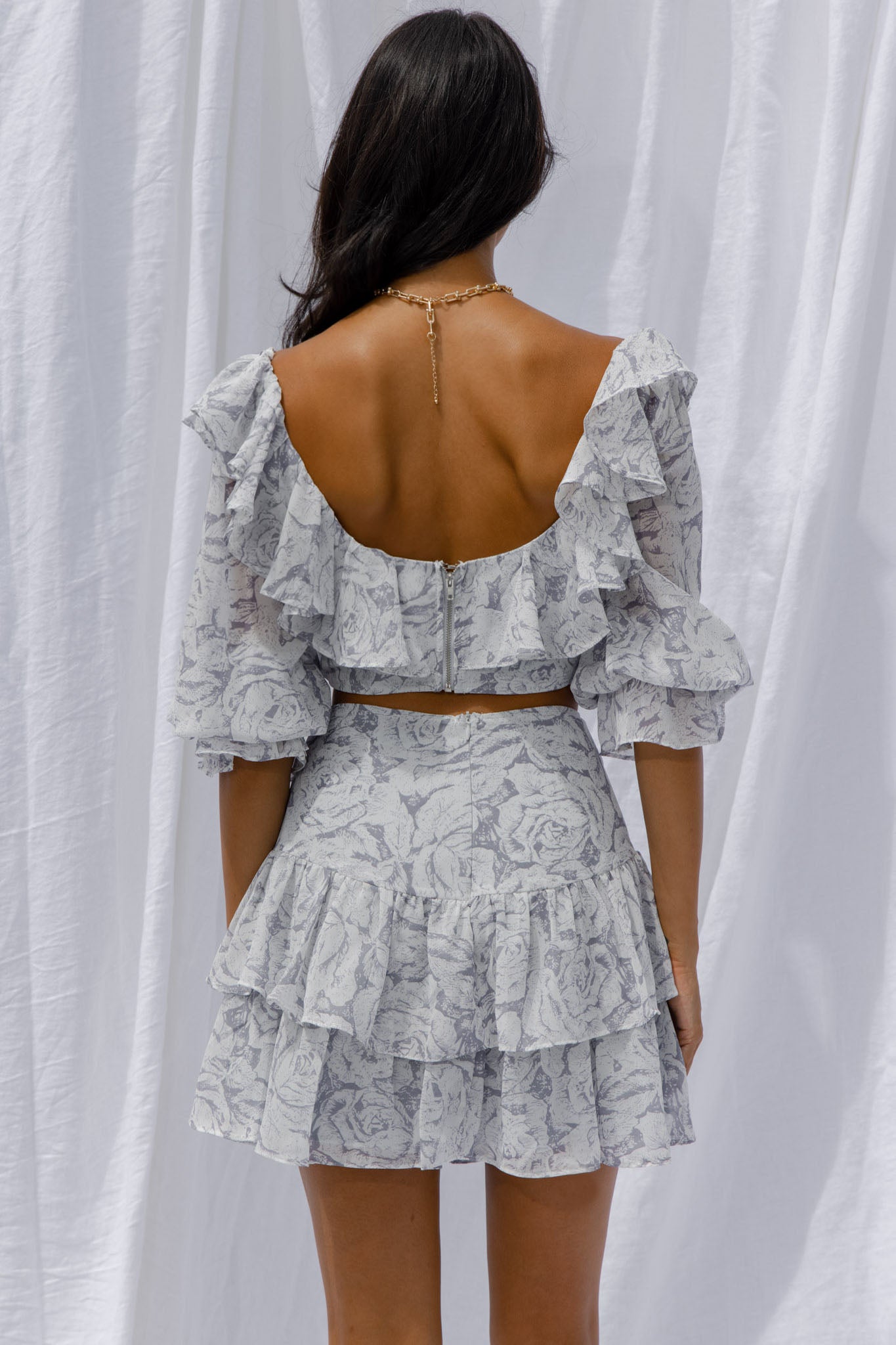 Kiss And Tell Double Layered Flounce Hem Skirt Rose Print Ink-Maymioy