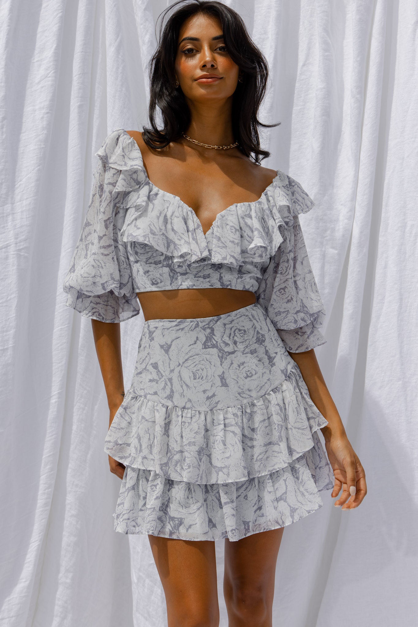 Kiss And Tell Double Layered Flounce Hem Skirt Rose Print Ink-Maymioy