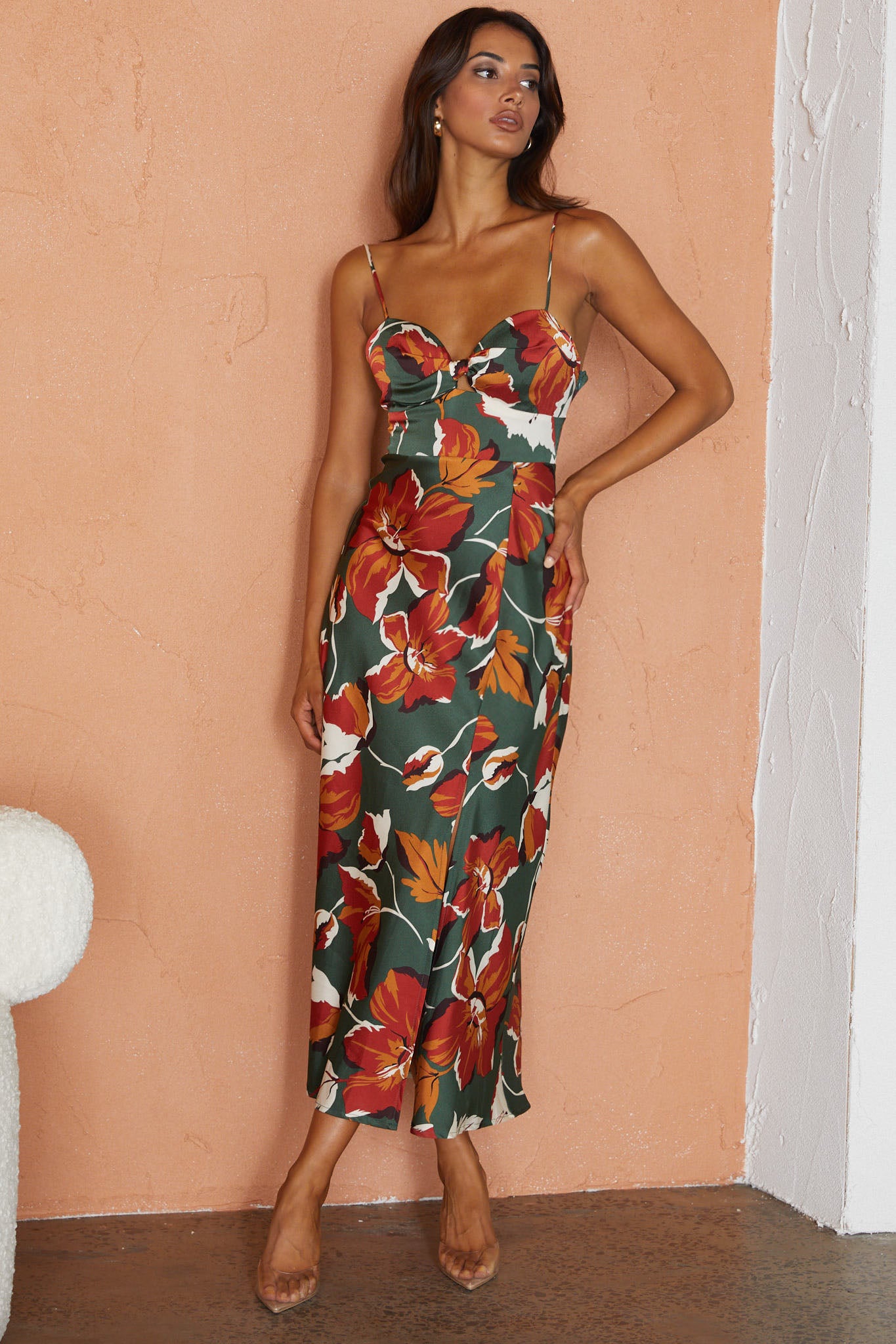 Missoula Cami Strap Padded Bust Midi Dress Floral Print Green-Maymioy
