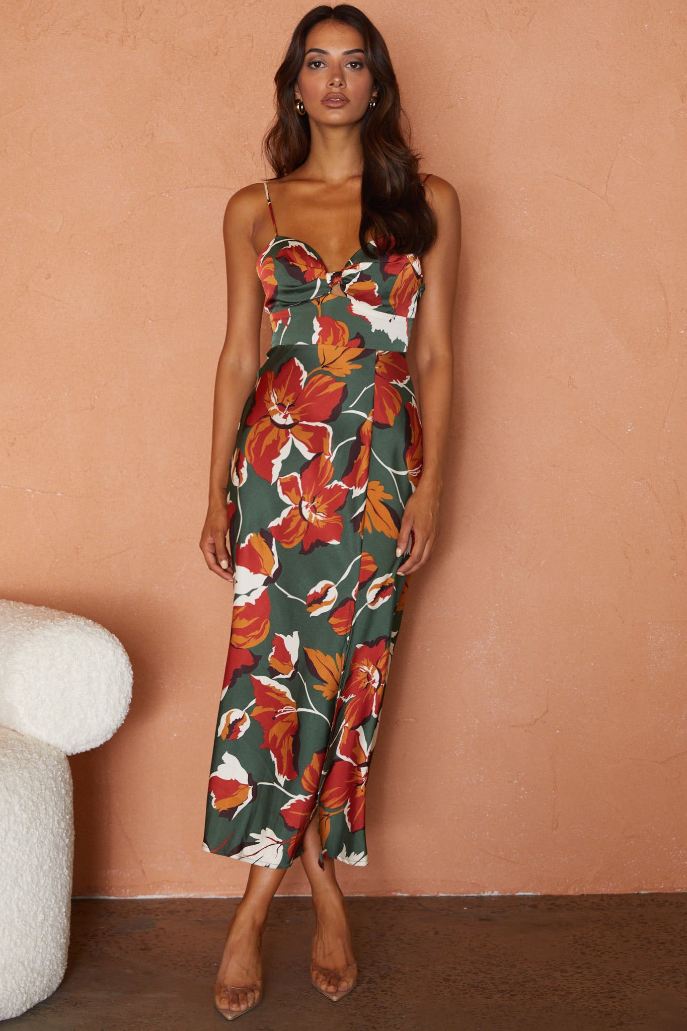 Missoula Cami Strap Padded Bust Midi Dress Floral Print Green-Maymioy
