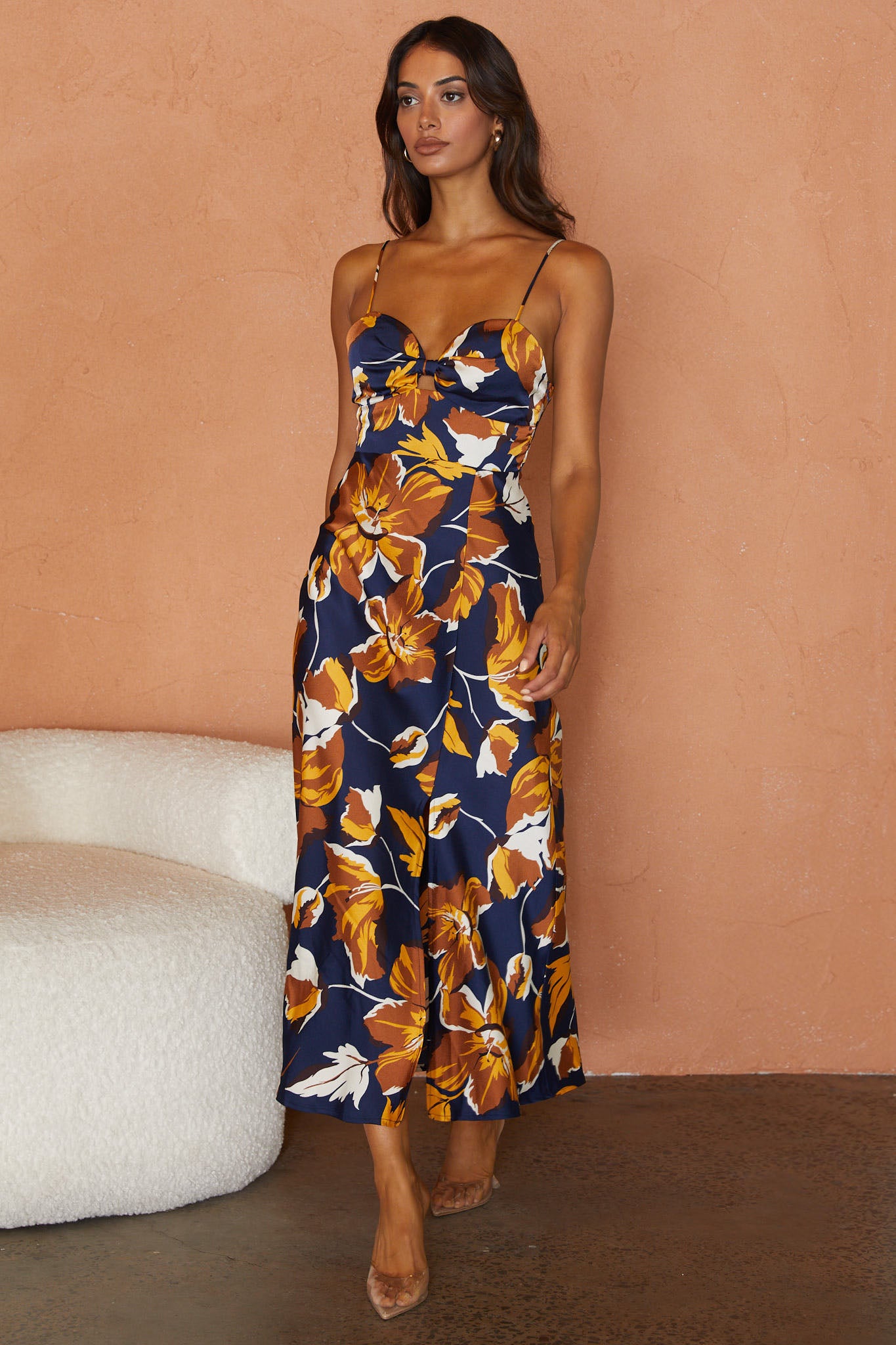 Missoula Cami Strap Padded Bust Midi Dress Floral Print Navy-Maymioy