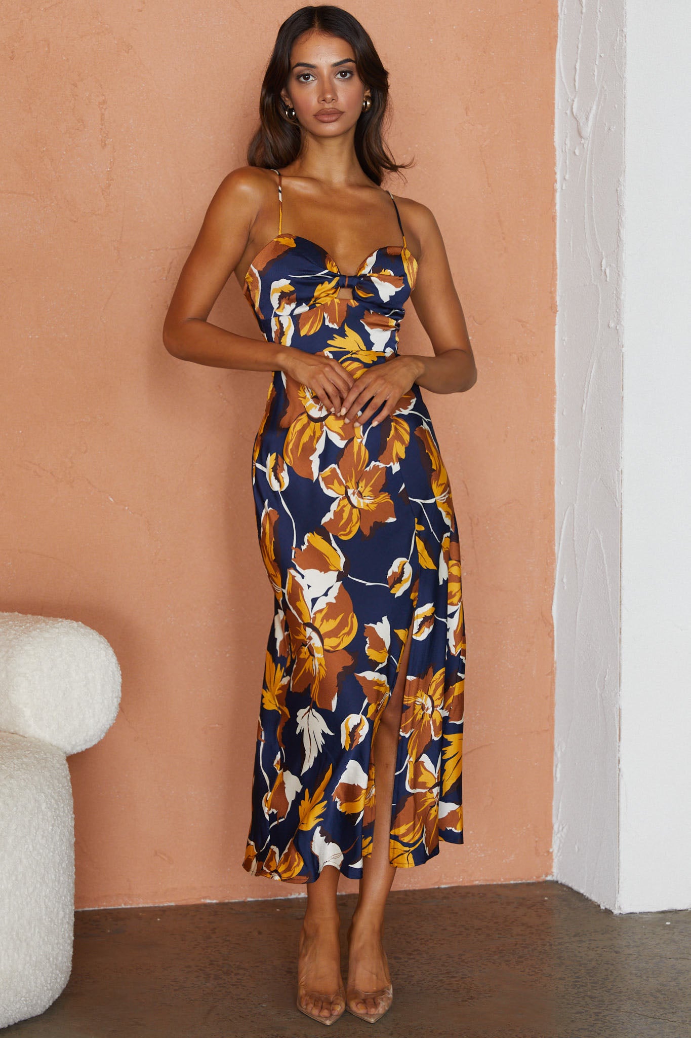 Missoula Cami Strap Padded Bust Midi Dress Floral Print Navy-Maymioy