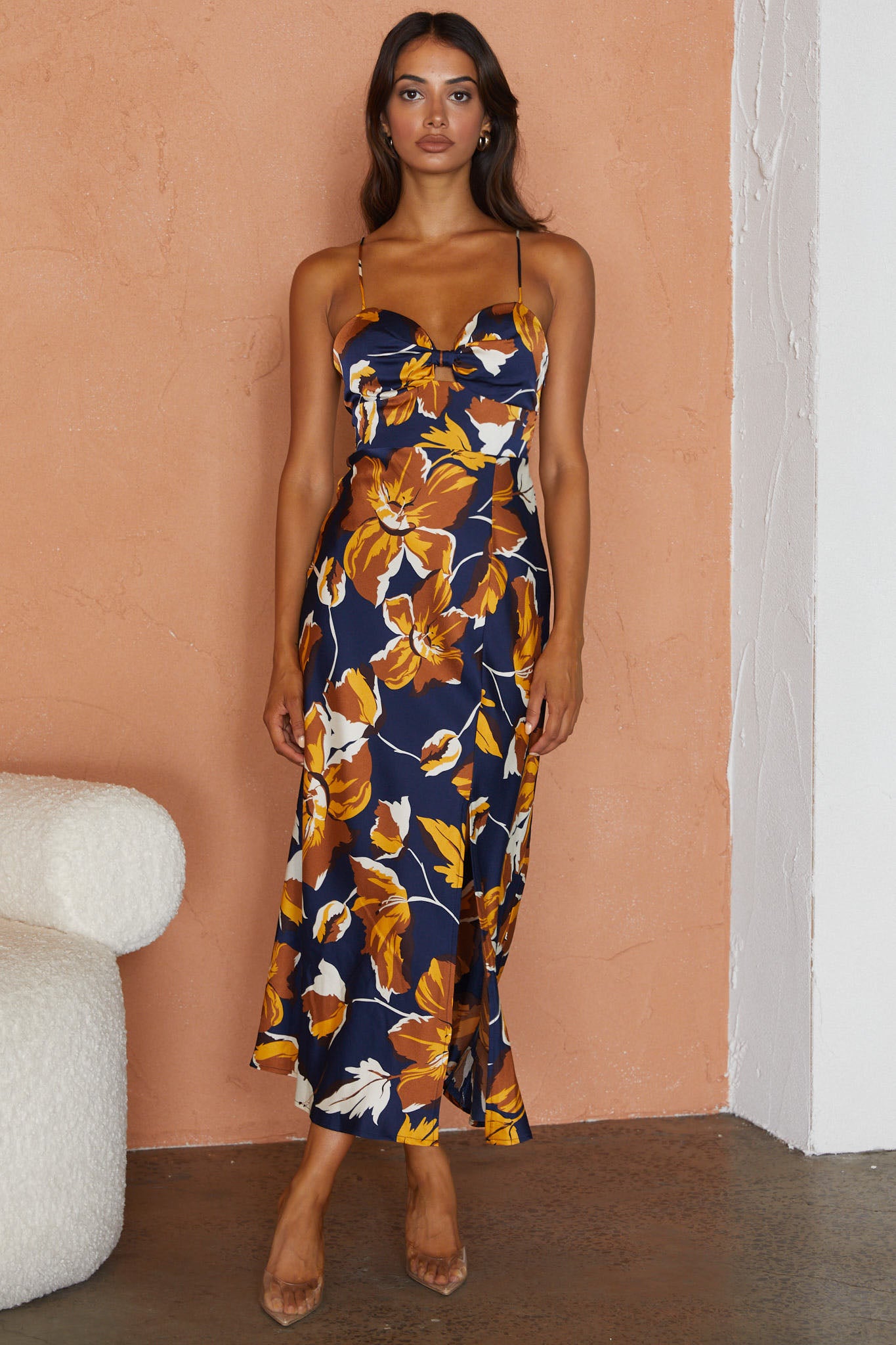 Missoula Cami Strap Padded Bust Midi Dress Floral Print Navy-Maymioy