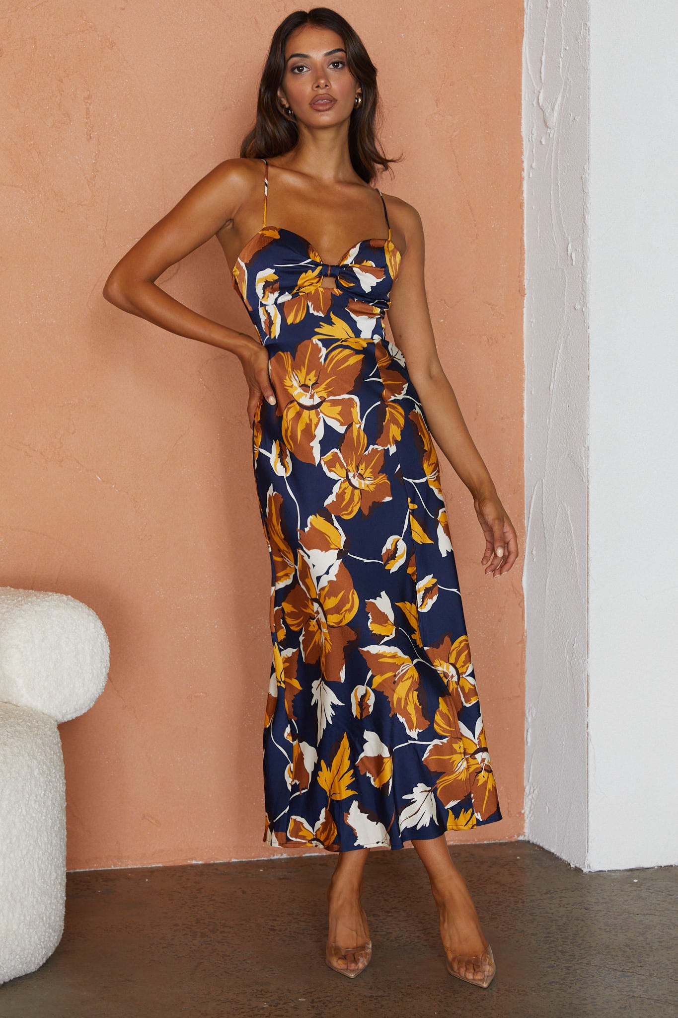 Missoula Cami Strap Padded Bust Midi Dress Floral Print Navy-Maymioy