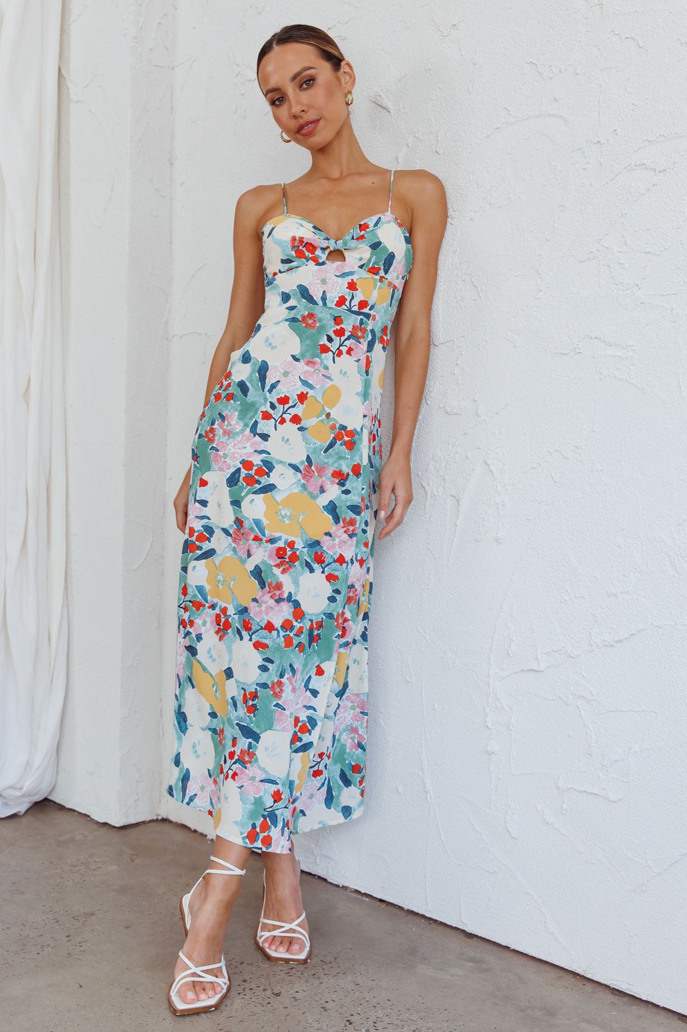 Missoula Cami Strap Padded Bust Midi Dress Flower Print Green-Maymioy