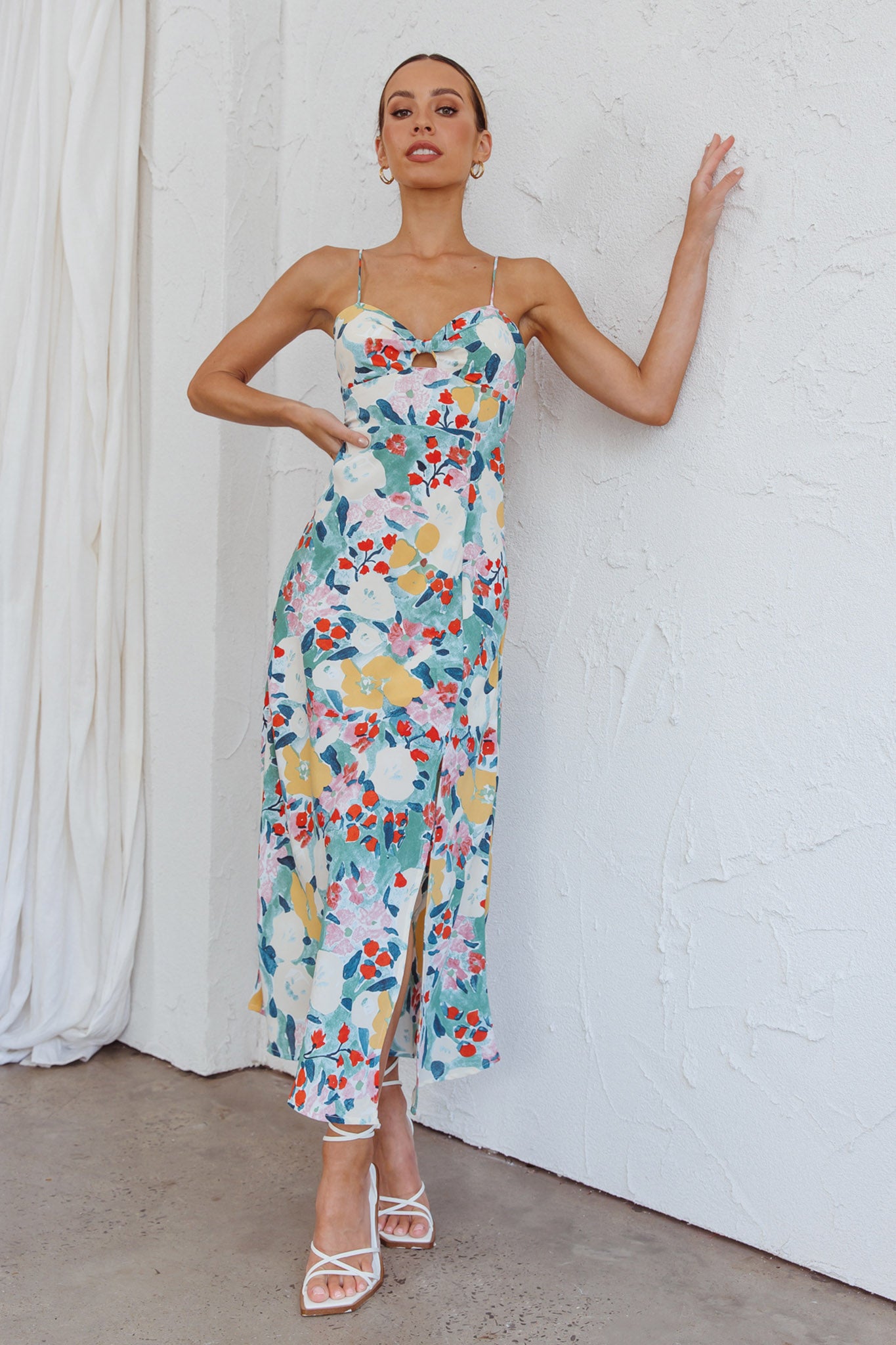 Missoula Cami Strap Padded Bust Midi Dress Flower Print Green-Maymioy