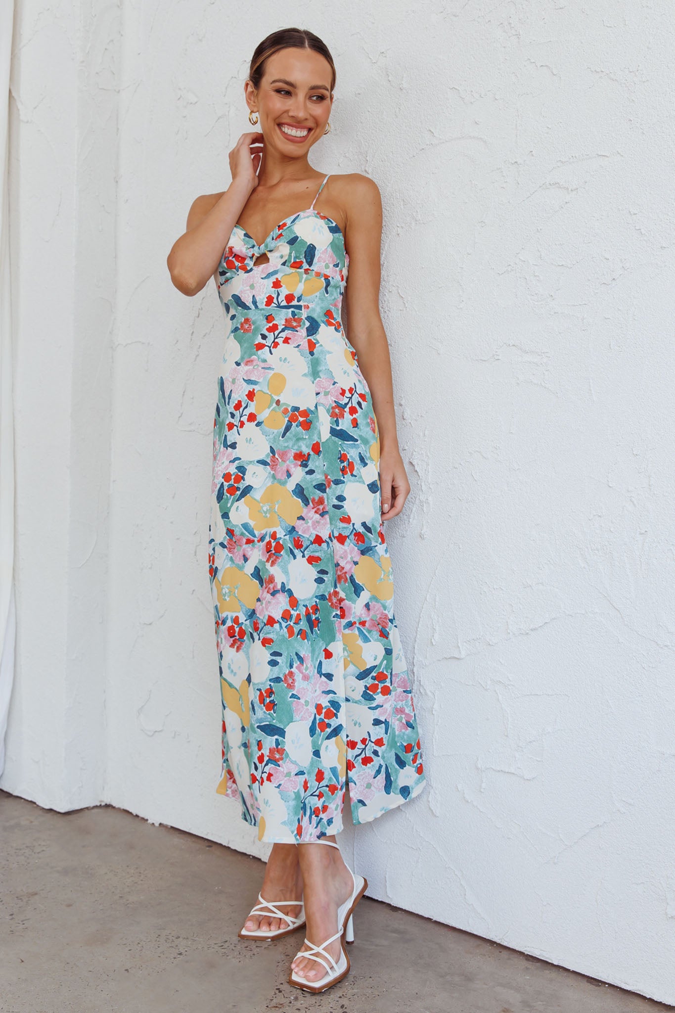 Missoula Cami Strap Padded Bust Midi Dress Flower Print Green-Maymioy