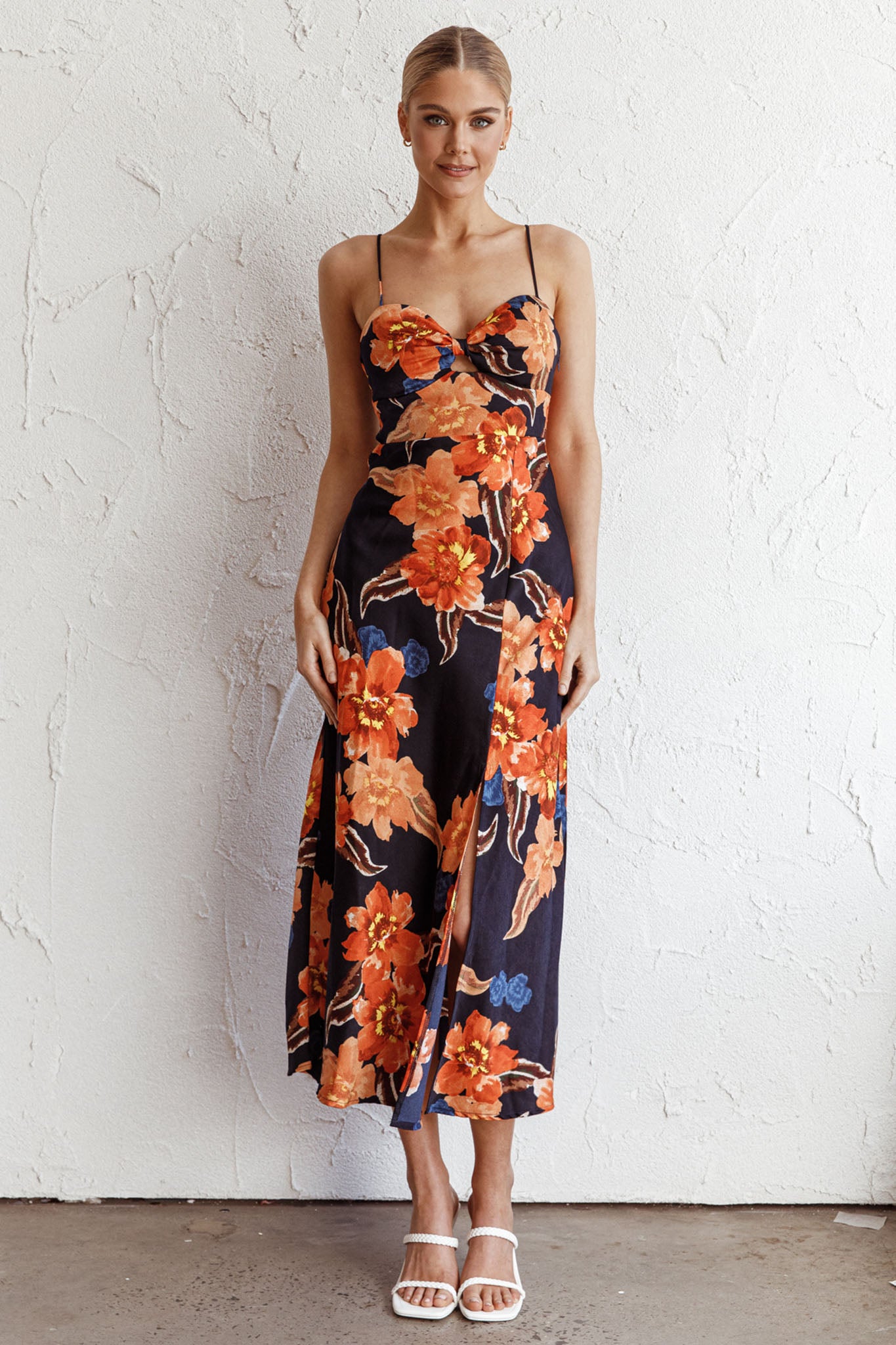 Missoula Cami Strap Padded Bust Midi Dress Flower Orange-Maymioy
