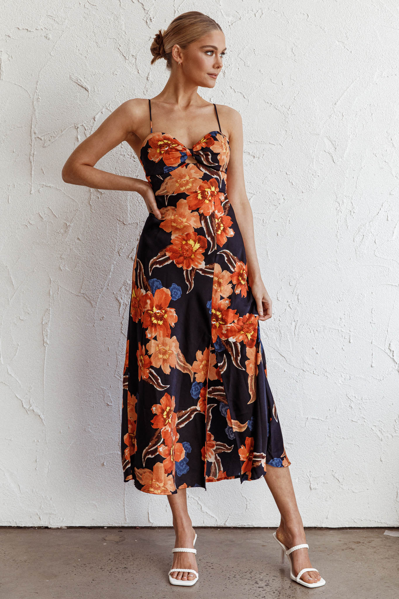 Missoula Cami Strap Padded Bust Midi Dress Flower Orange-Maymioy