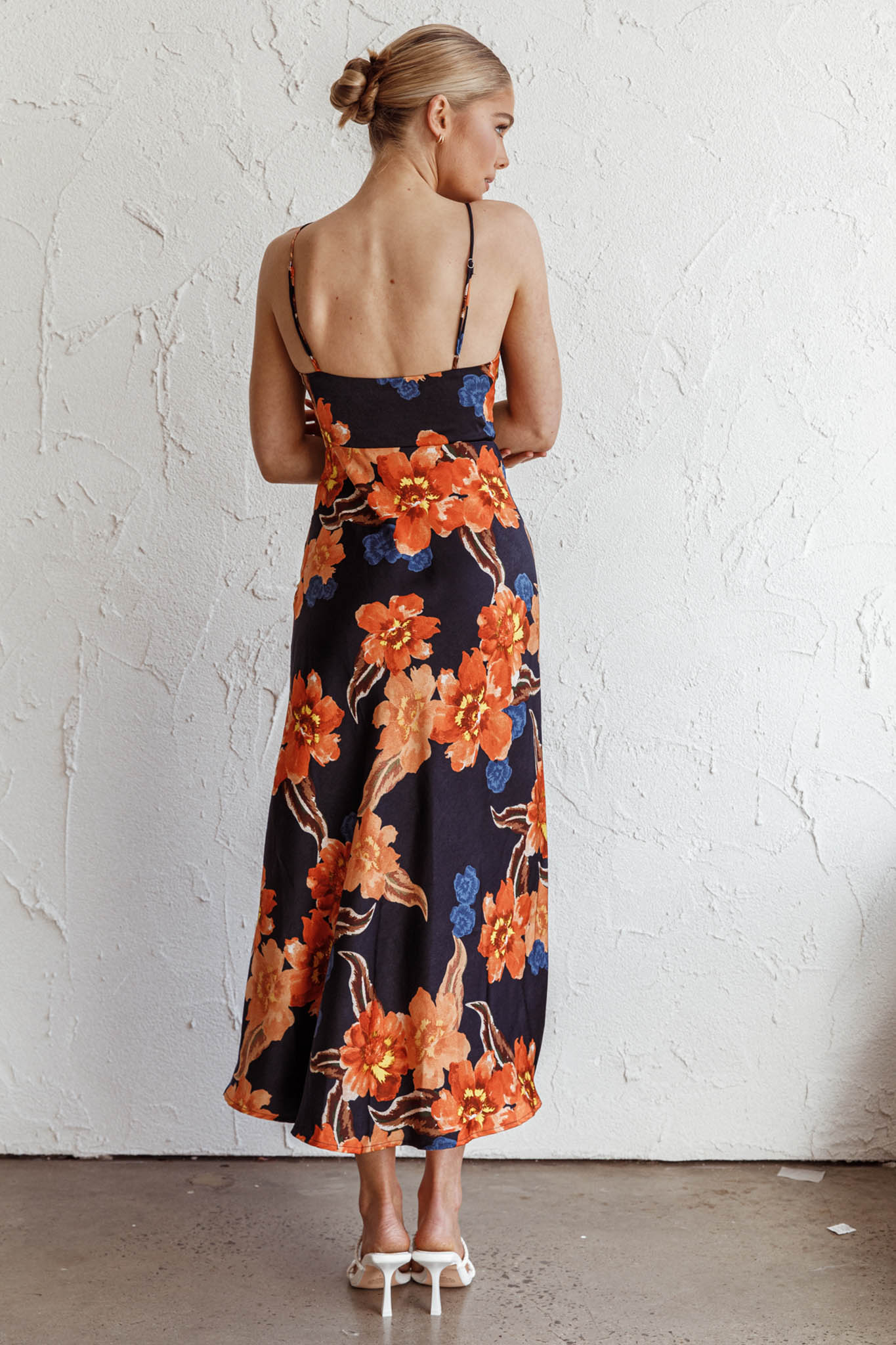 Missoula Cami Strap Padded Bust Midi Dress Flower Orange-Maymioy