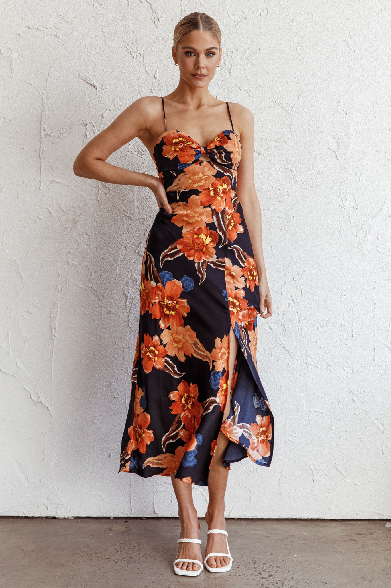 Missoula Cami Strap Padded Bust Midi Dress Flower Orange-Maymioy