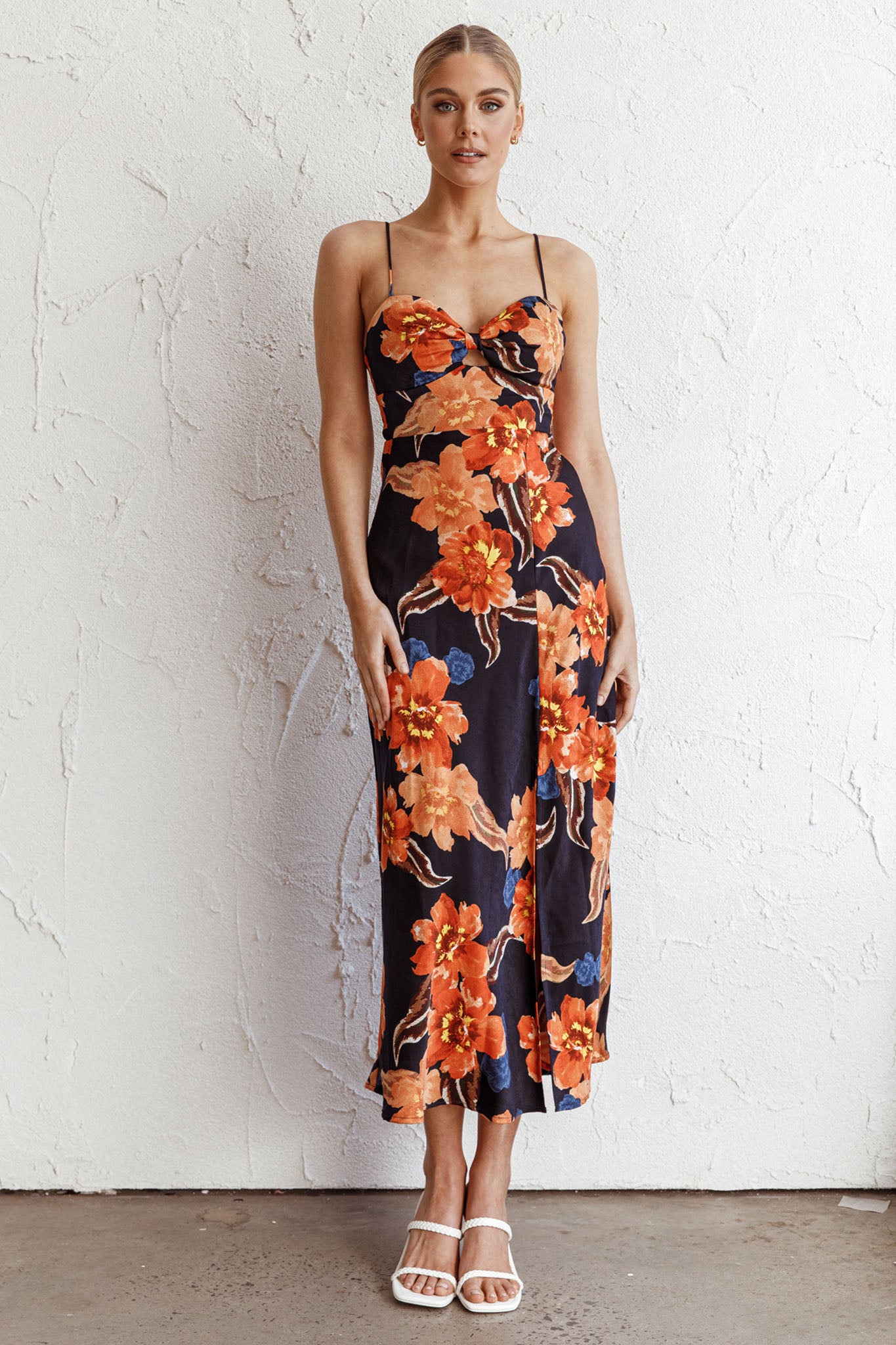 Missoula Cami Strap Padded Bust Midi Dress Flower Orange-Maymioy