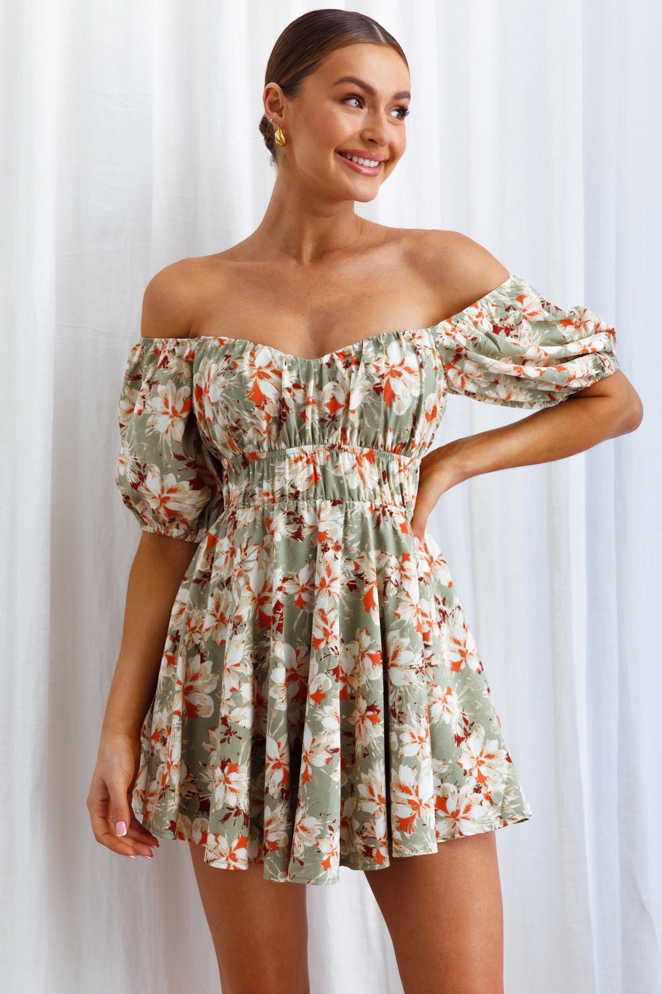 Chasing Sunsets Off-Shoulder Mini Dress Floral Green-Maymioy