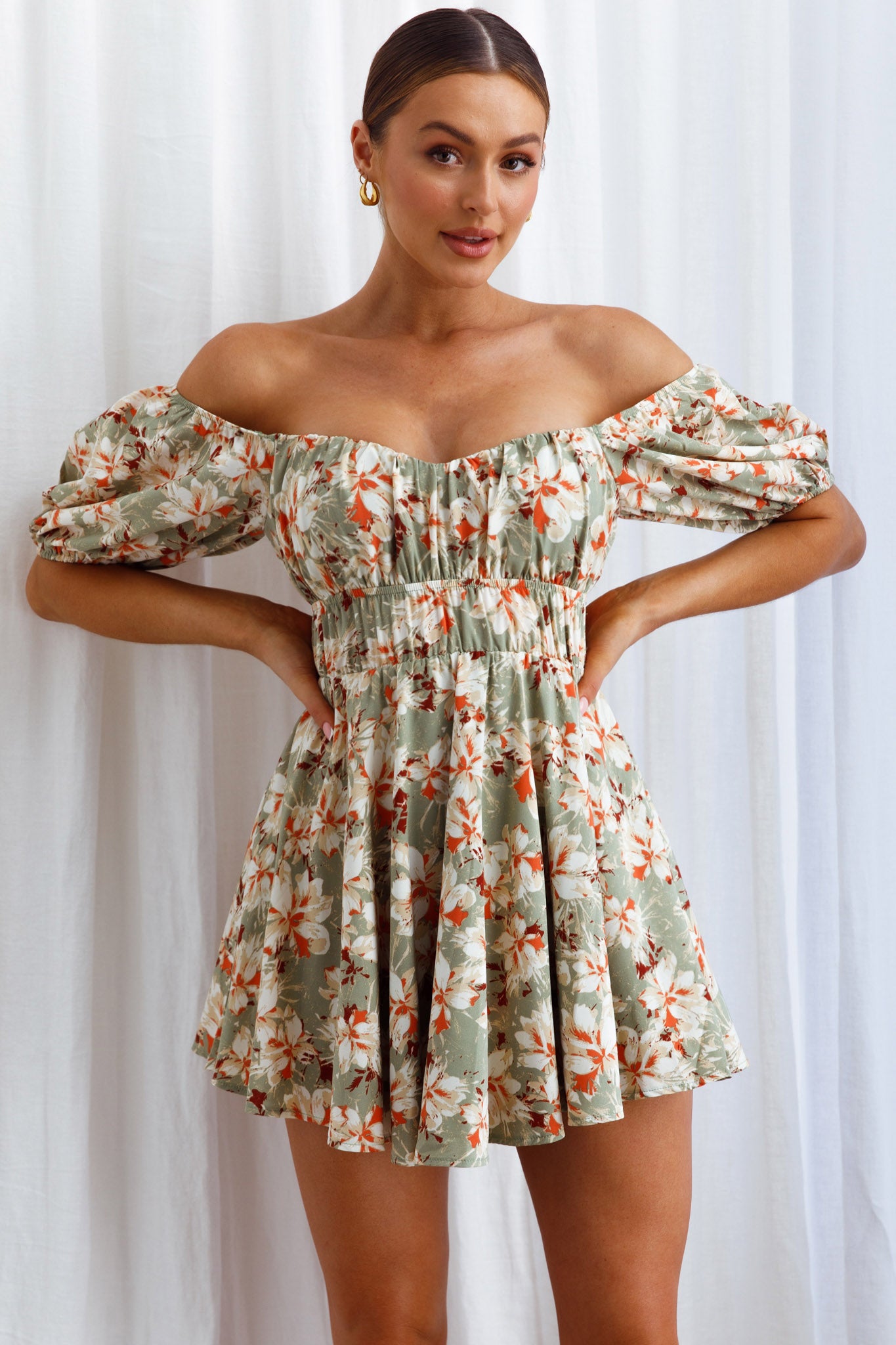 Chasing Sunsets Off-Shoulder Mini Dress Floral Green-Maymioy