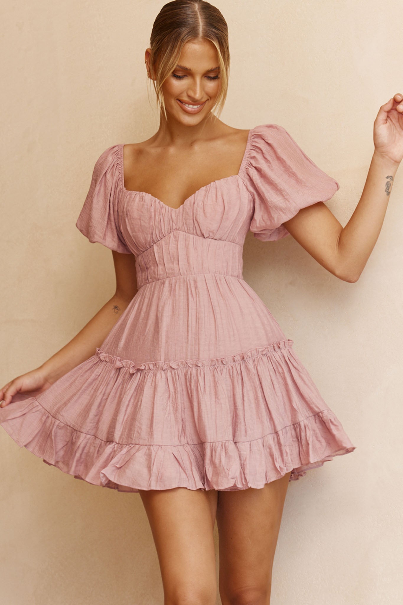 Camille Gathered Bodice Puff Sleeve Flounce Hem Mini Dress Blush-Maymioy