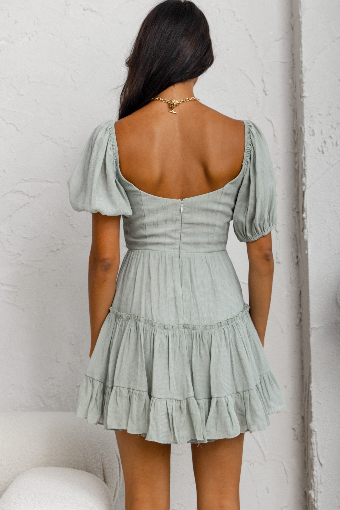 Camille Gathered Bodice Puff Sleeve Flounce Hem Mini Dress Sage-Maymioy