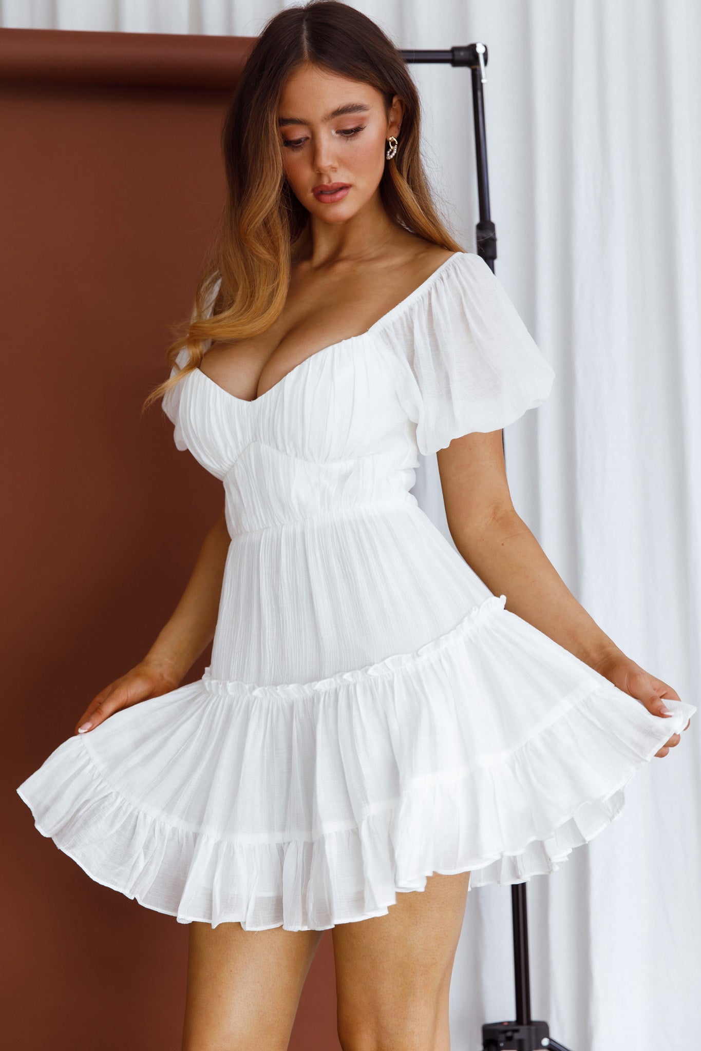 Camille Gathered Bodice Puff Sleeve Flounce Hem Mini Dress White-Maymioy