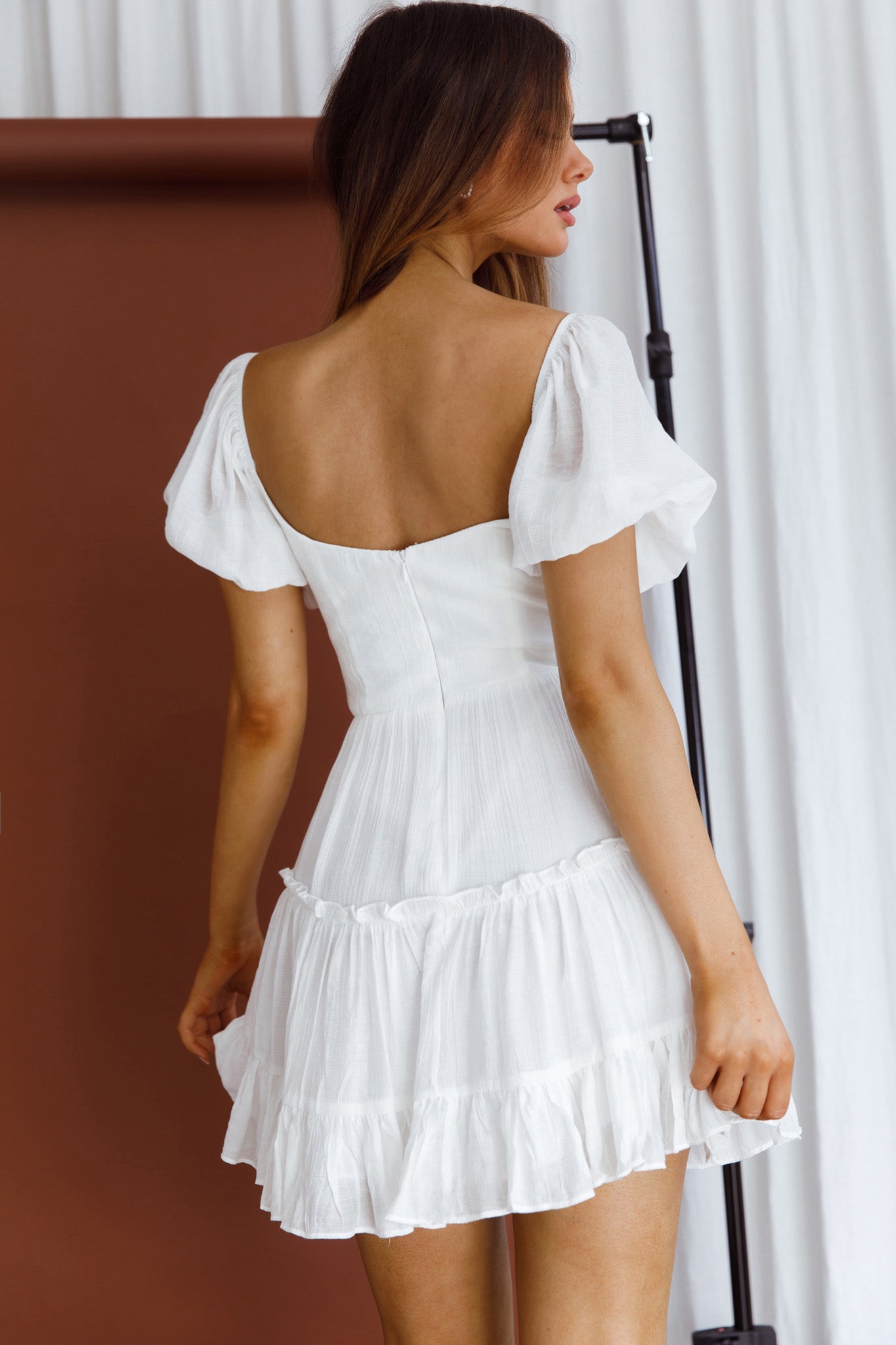 Camille Gathered Bodice Puff Sleeve Flounce Hem Mini Dress White-Maymioy