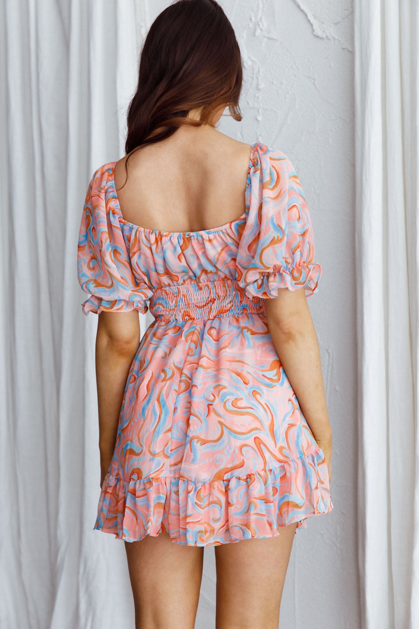 Carlina Shirred Waist Mini Dress Swirl Pink-Maymioy