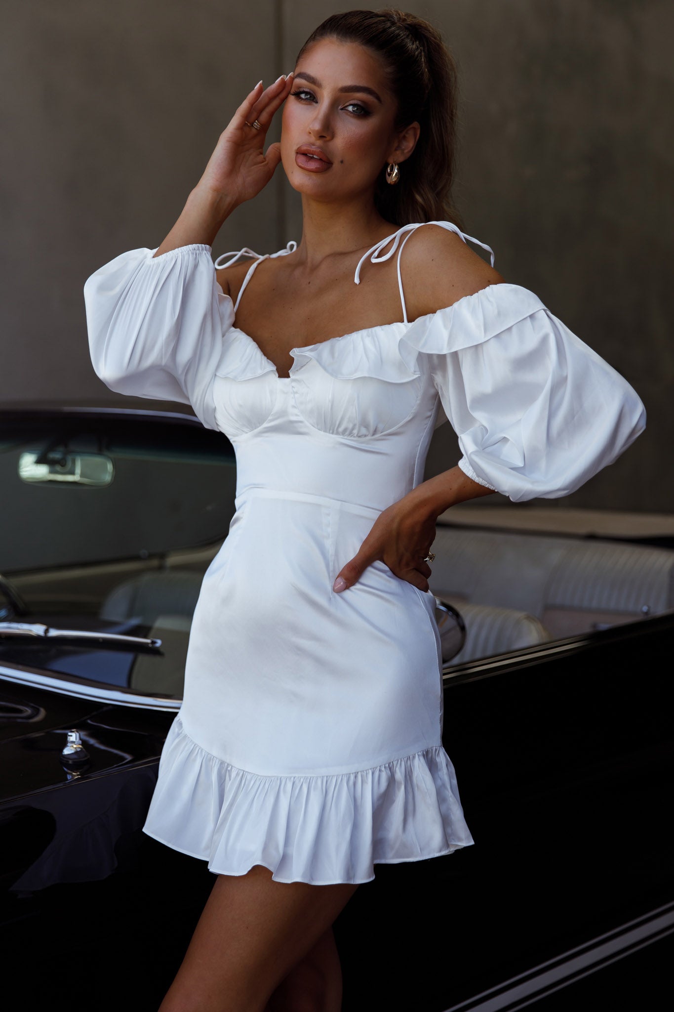 Ode To Love Sweetheart Neckline Balloon Sleeve Dress White-Maymioy