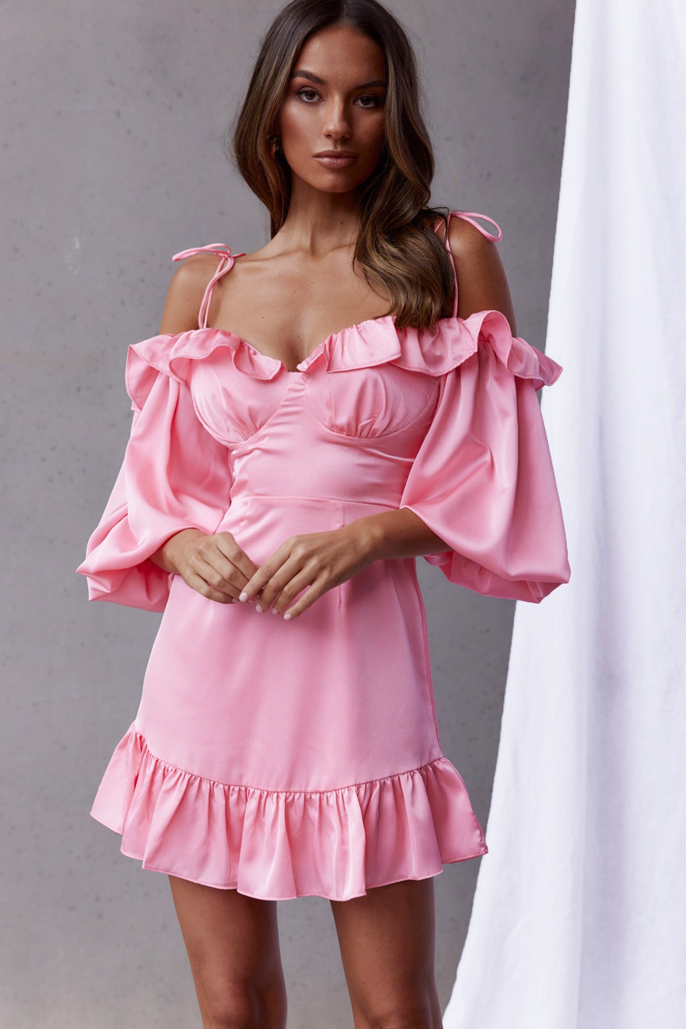 Ode To Love Sweetheart Neckline Balloon Sleeve Dress Pink-Maymioy