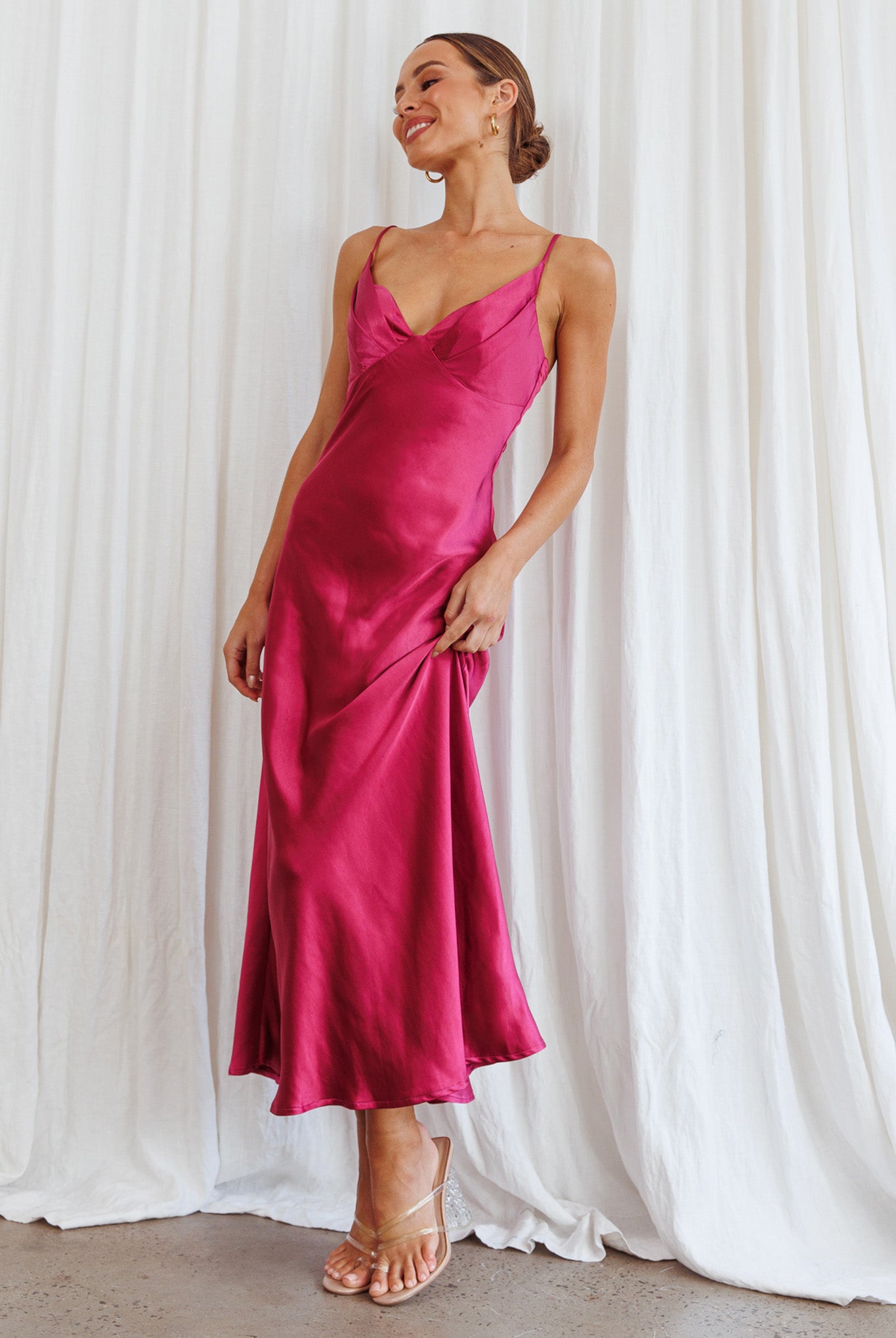 Infinity Pintuck Bust Midi Dress Fuchsia-Maymioy