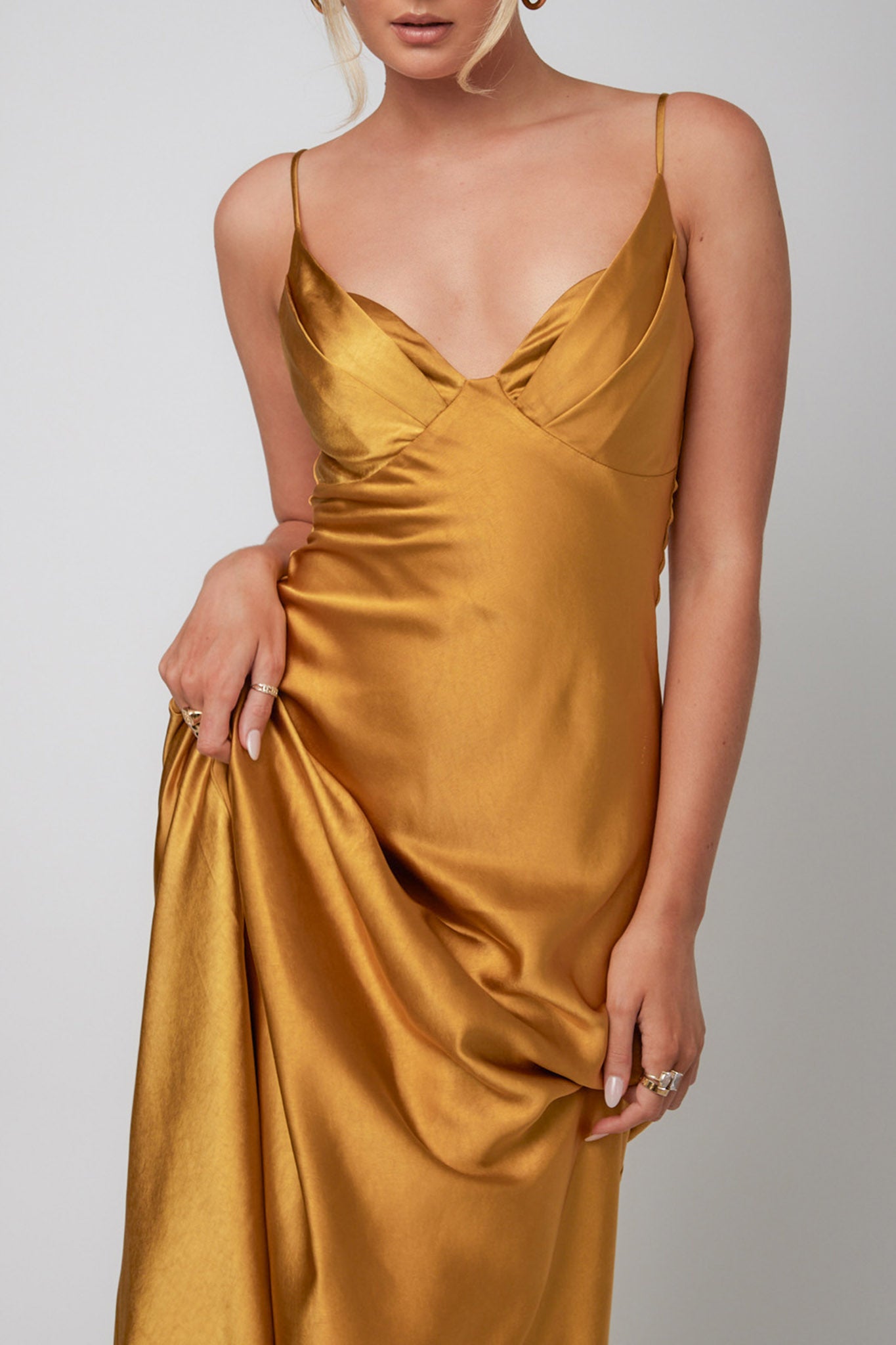 Infinity Pintuck Bust Midi Dress Mustard-Maymioy