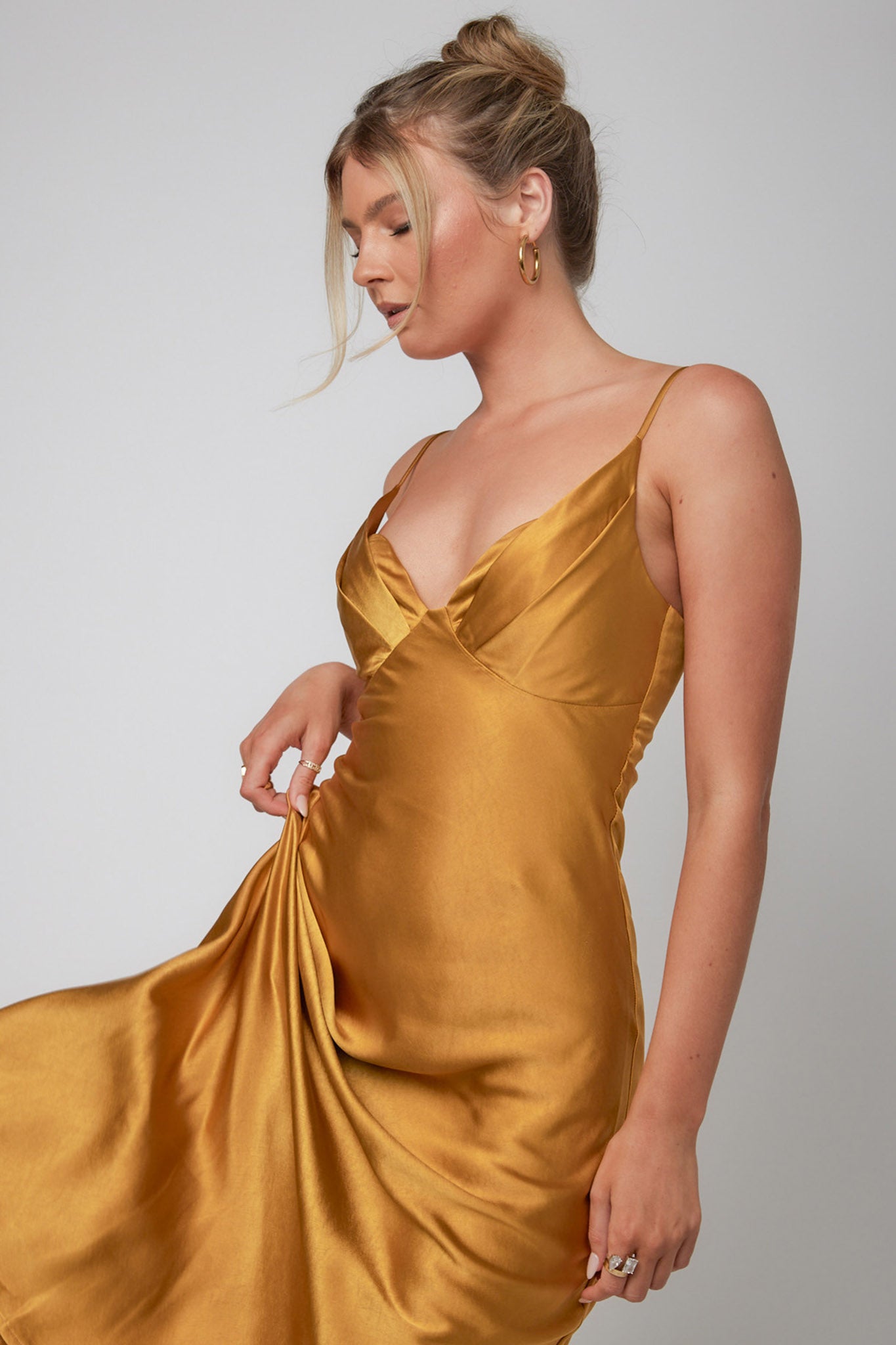 Infinity Pintuck Bust Midi Dress Mustard-Maymioy