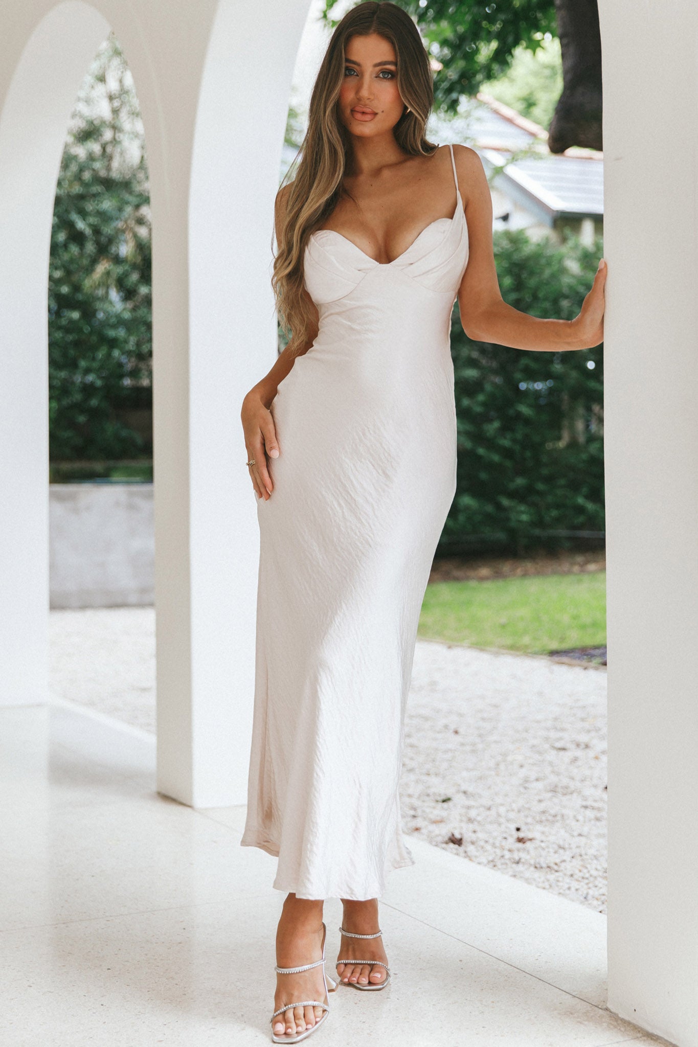 Infinity Pintuck Bust Maxi Dress Champagne-Maymioy