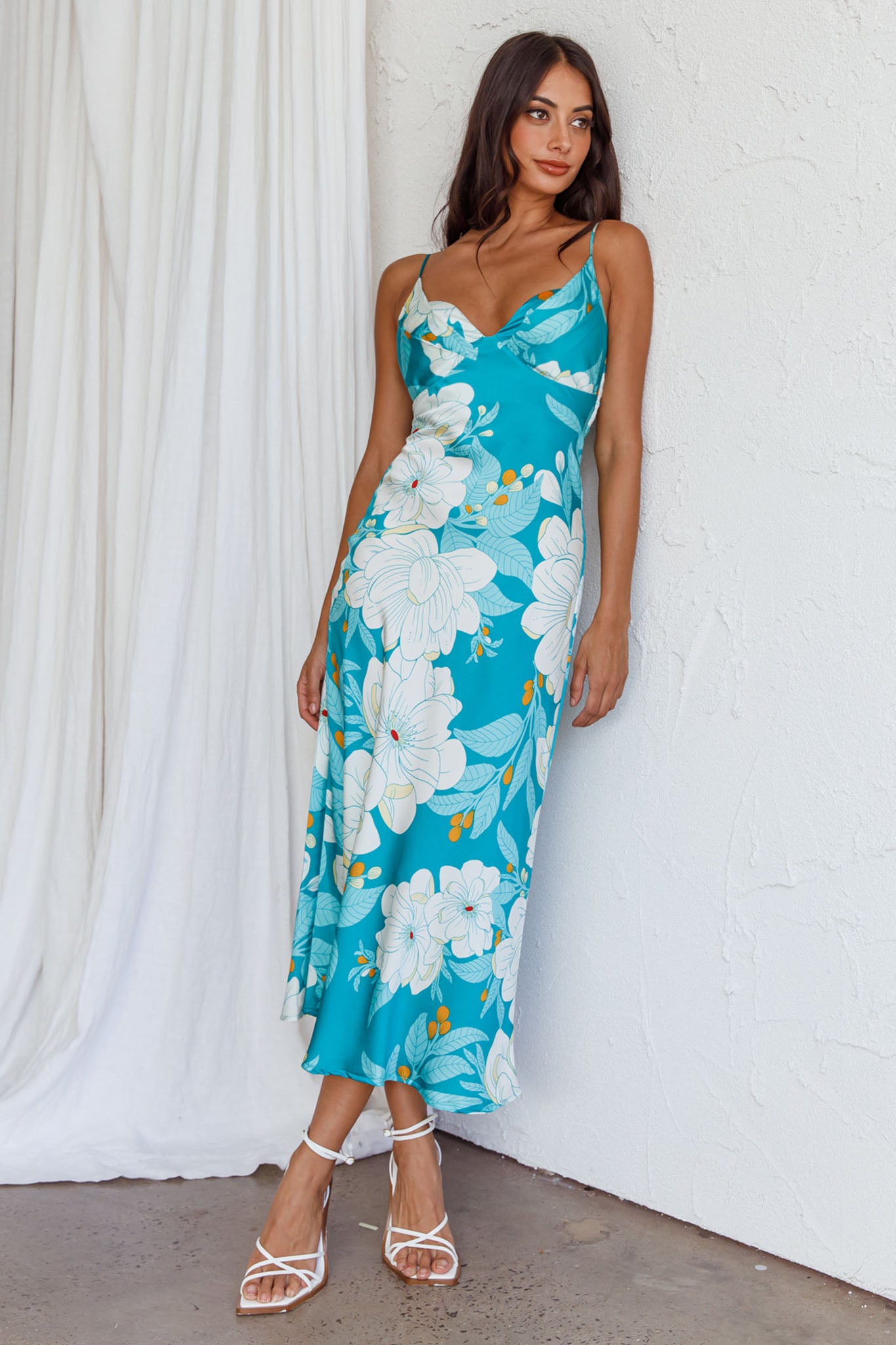 Infinity Pintuck Bust Midi Dress Flower Teal-Maymioy