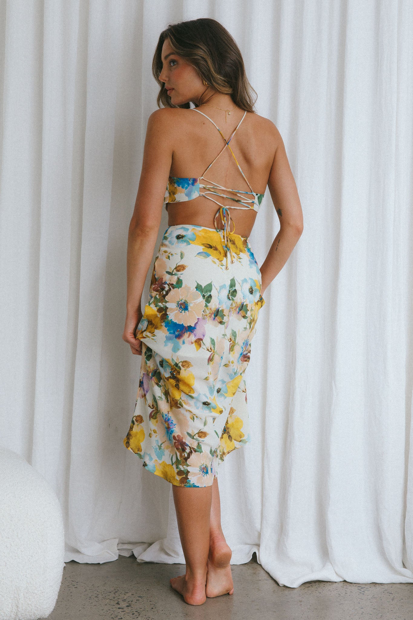 Sunday Bliss Tie-Up Back Cowl Neck Midi Dress Floral Yellow-Maymioy
