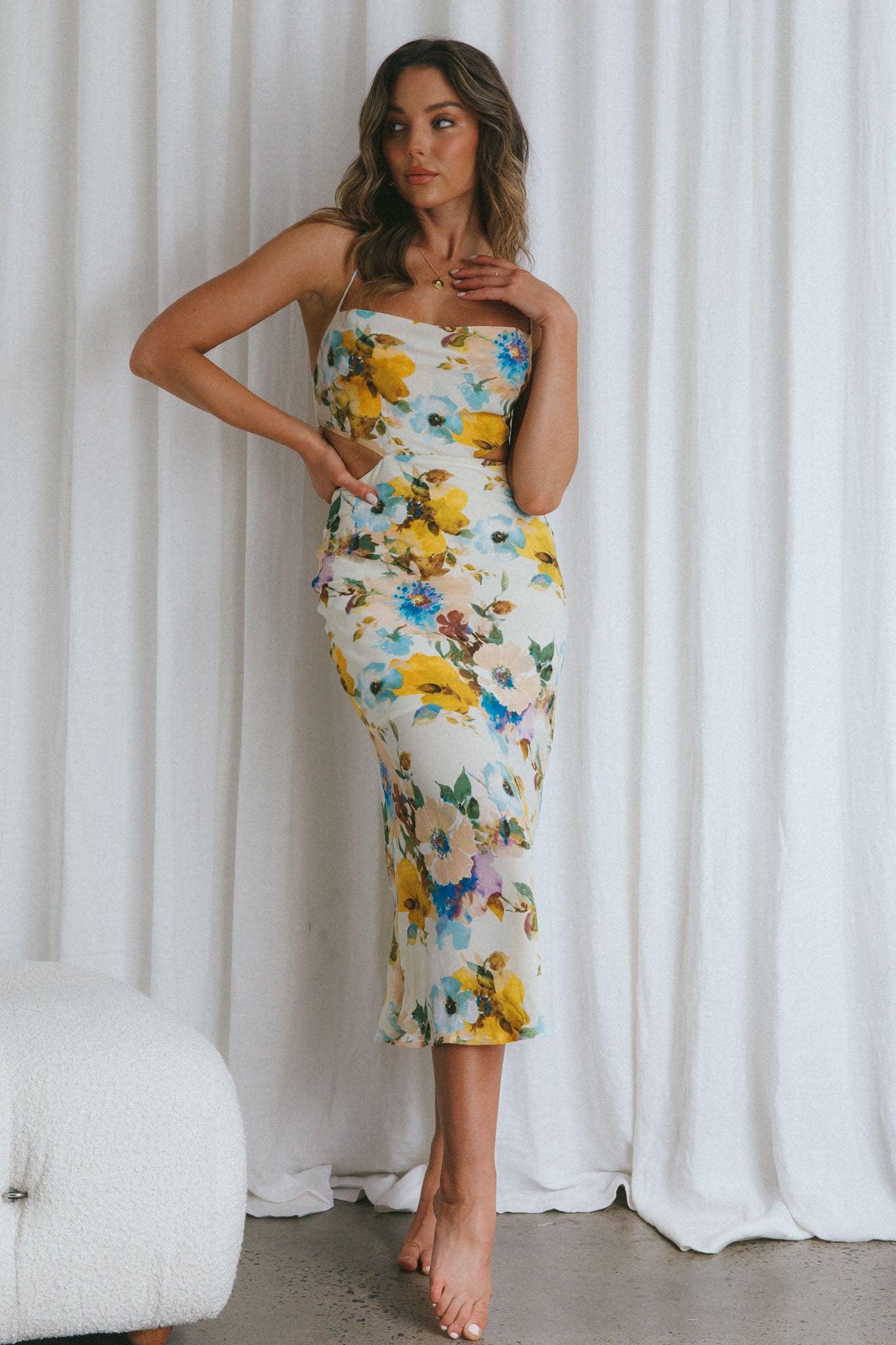 Sunday Bliss Tie-Up Back Cowl Neck Midi Dress Floral Yellow-Maymioy