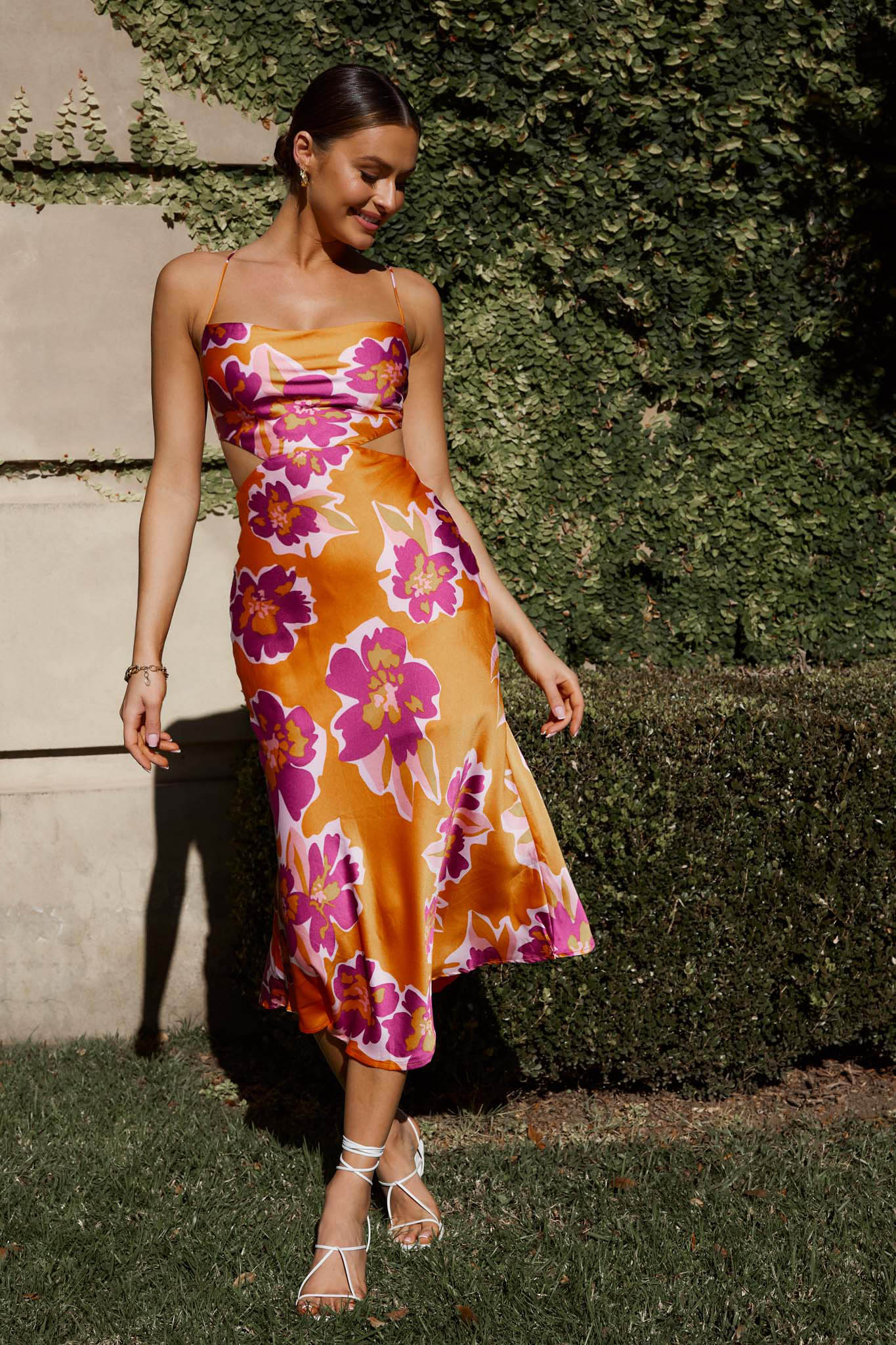 Sunday Bliss Tie-Up Back Cowl Neck Midi Dress Flower Orange-Maymioy