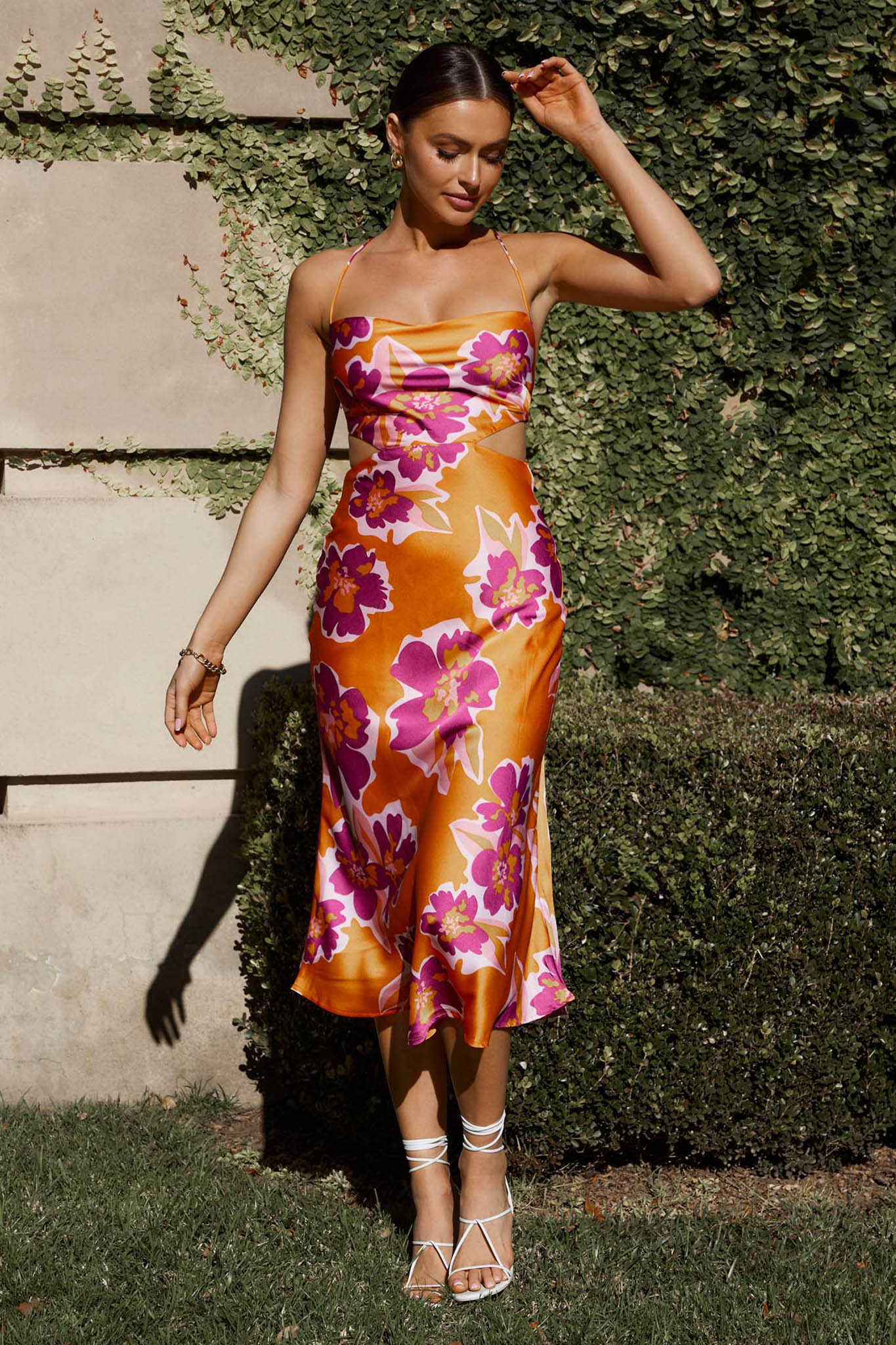 Sunday Bliss Tie-Up Back Cowl Neck Midi Dress Flower Orange-Maymioy