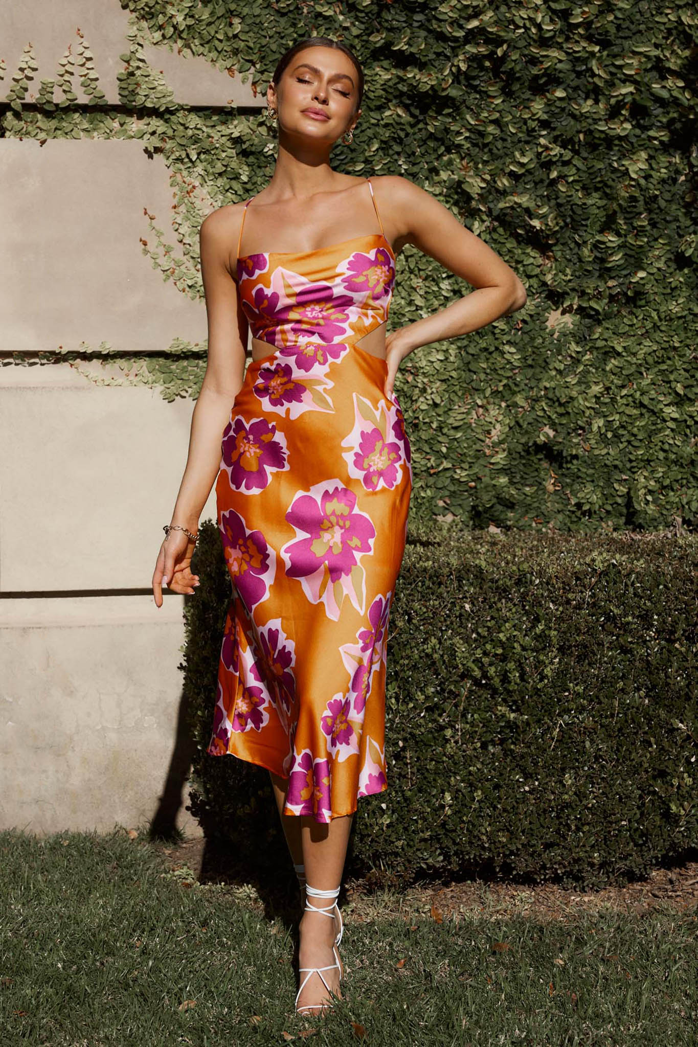 Sunday Bliss Tie-Up Back Cowl Neck Midi Dress Flower Orange-Maymioy