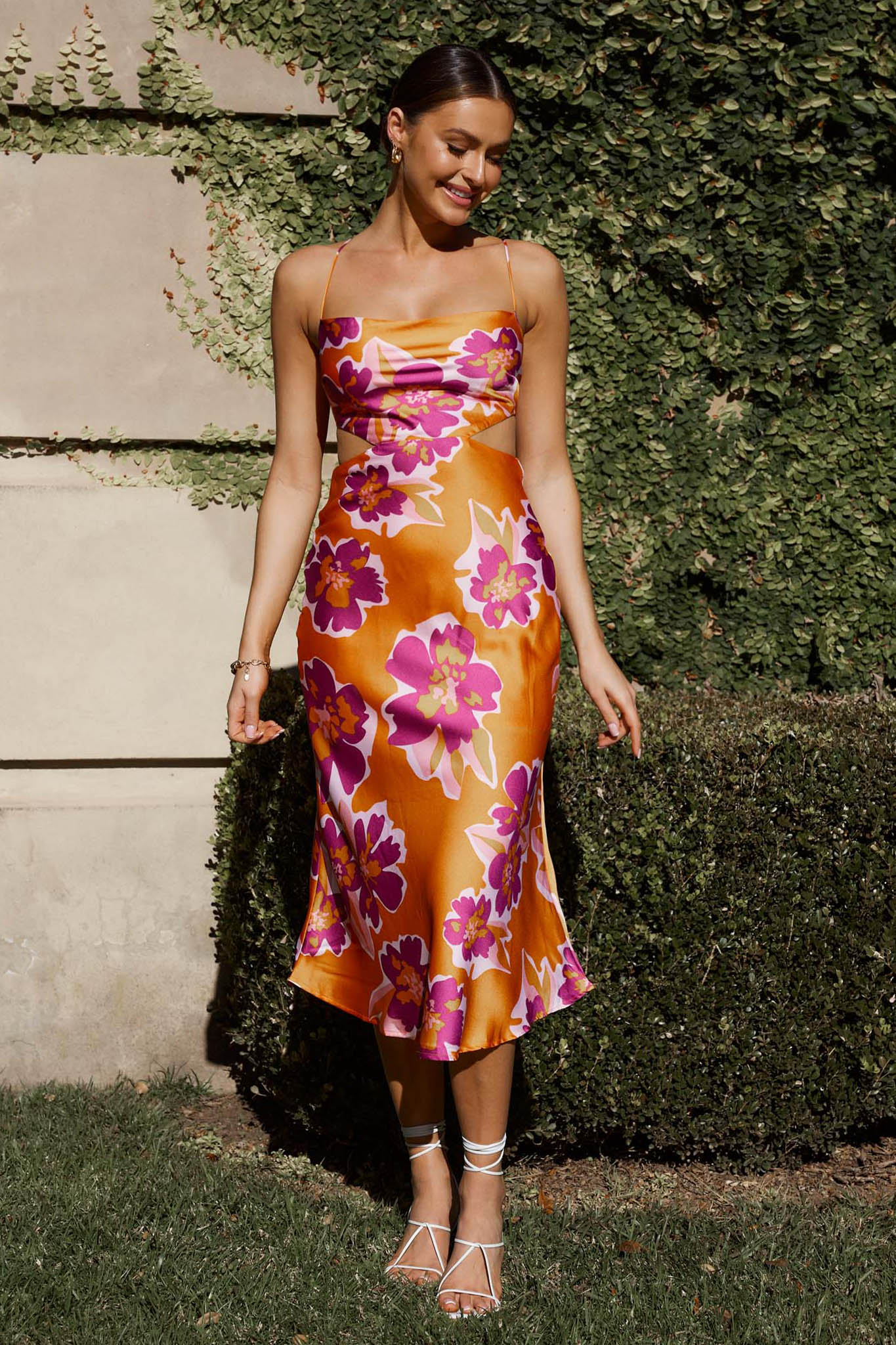 Sunday Bliss Tie-Up Back Cowl Neck Midi Dress Flower Orange-Maymioy