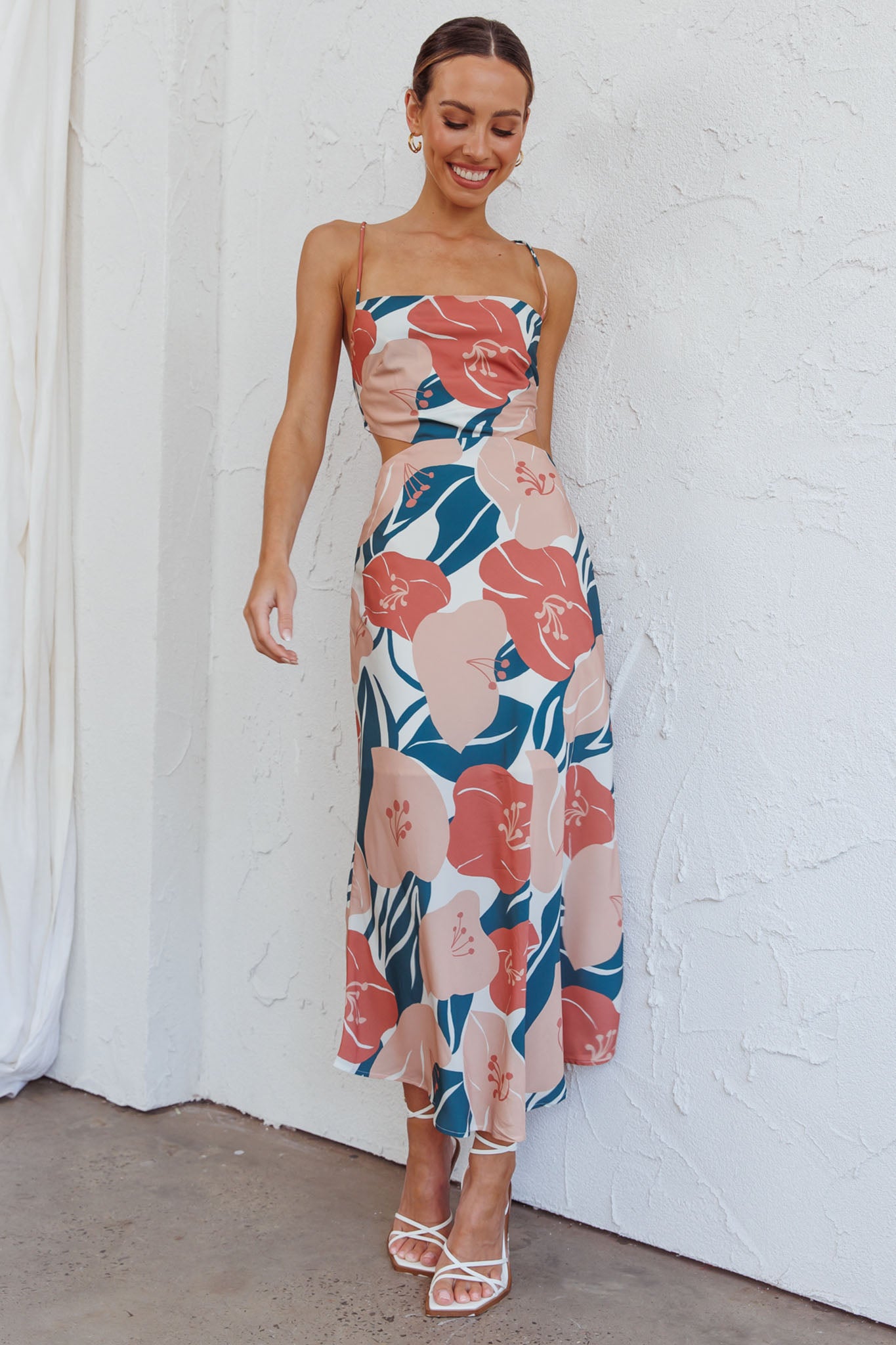 Sunday Bliss Tie-Up Back Cowl Neck Midi Dress Flower Red-Maymioy