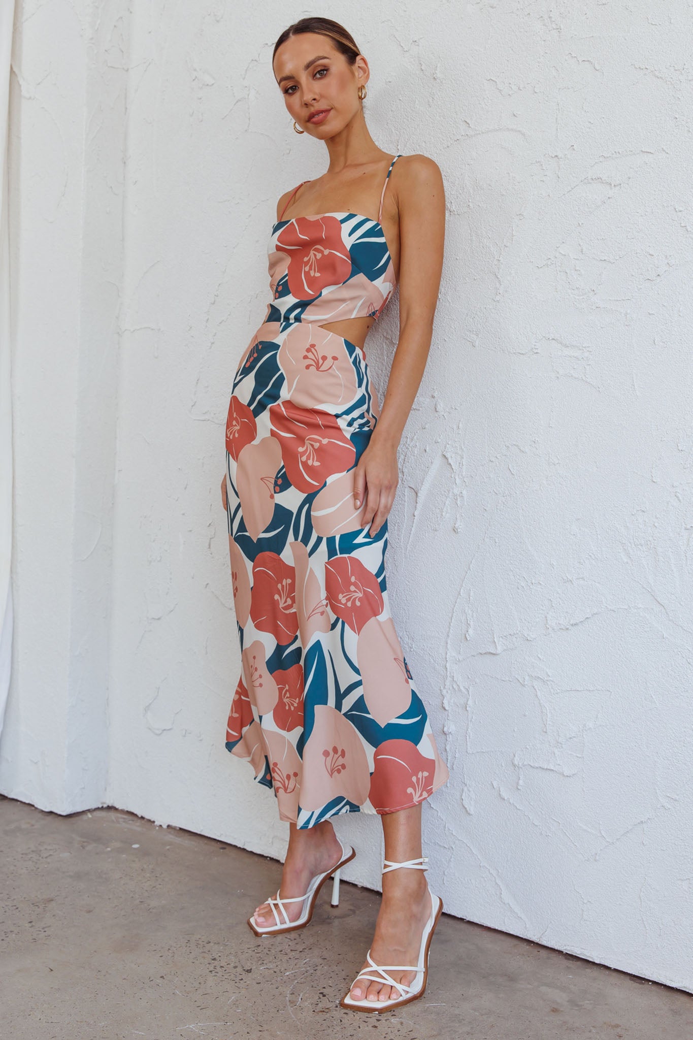 Sunday Bliss Tie-Up Back Cowl Neck Midi Dress Flower Red-Maymioy