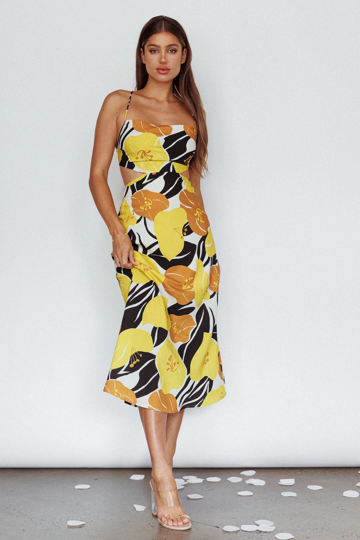 Sunday Bliss Tie-Up Back Cowl Neck Midi Dress Flower Yellow-Maymioy