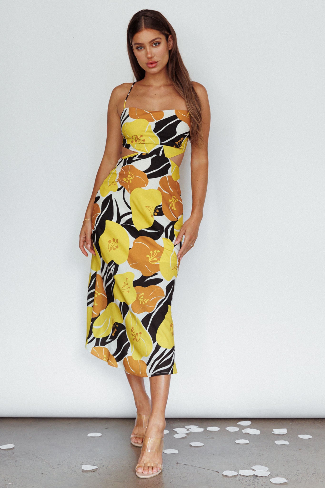 Sunday Bliss Tie-Up Back Cowl Neck Midi Dress Flower Yellow-Maymioy